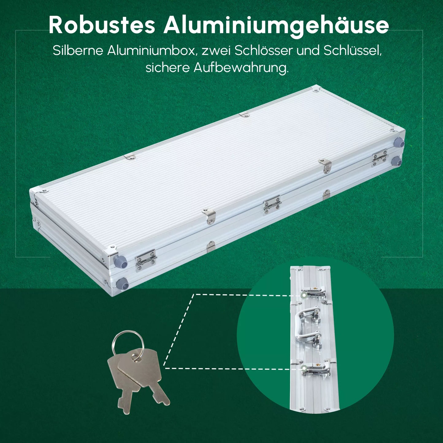 Pokerio rinkinys, 500 žetonų, 2 kortų kaladės, 5 kauliukai, aliuminio dėklas, užrakinamas