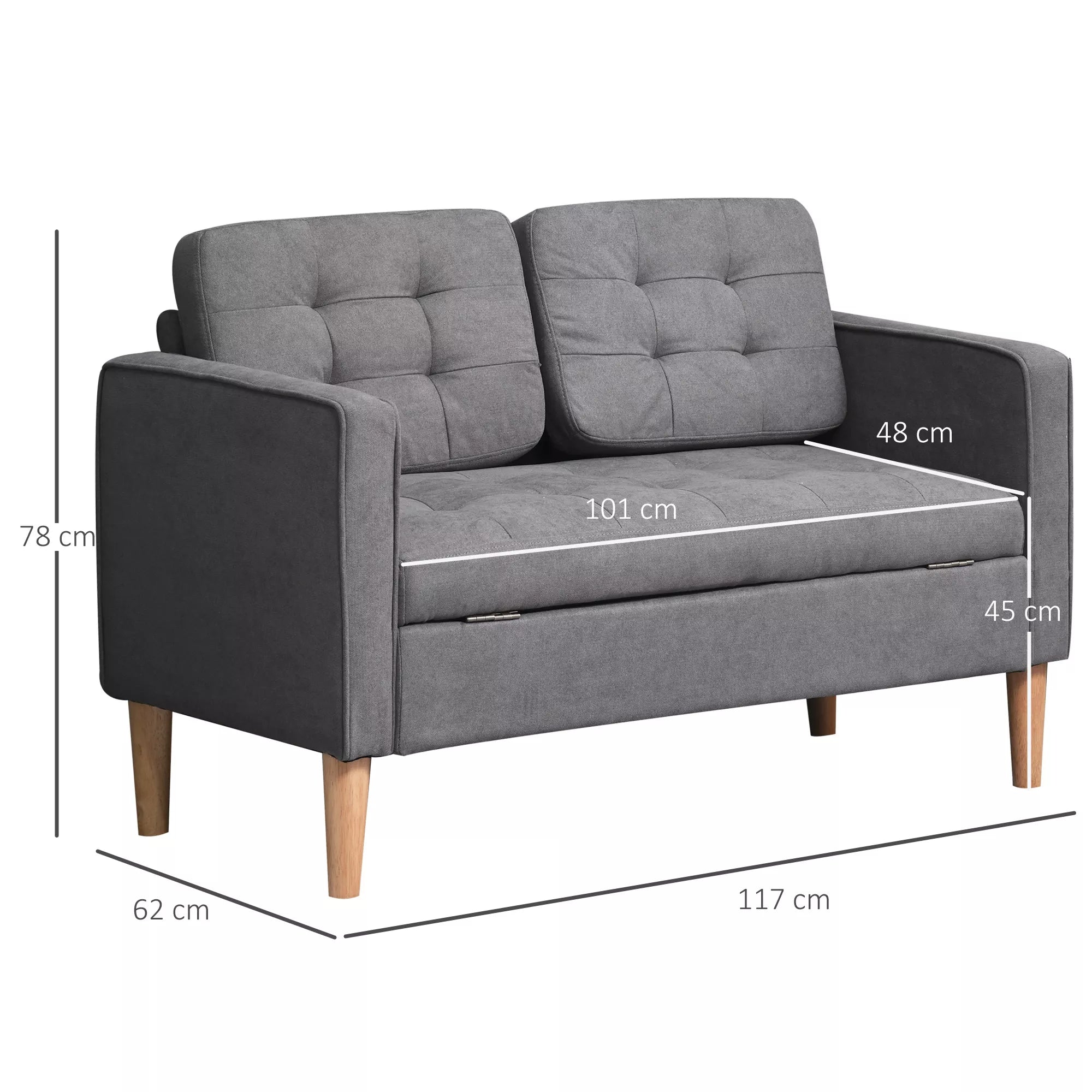 2 vietų sofa, sofa su daiktų laikymo vieta, medinės kojos, minkšta sofa su aksomo apmušalu, skirta svetainei, miegamajam, 117 x 62 x 78 cm, pilka