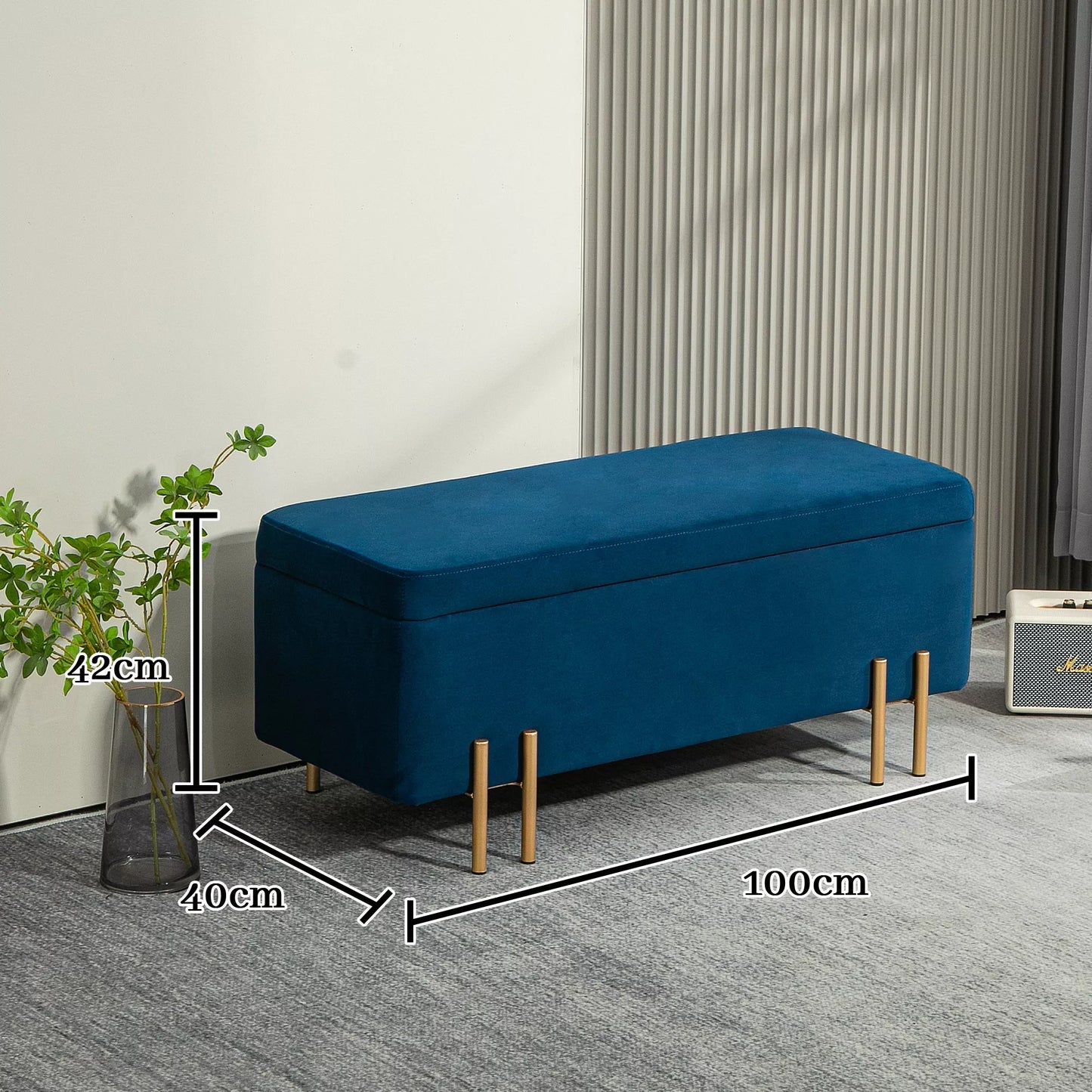 Sėdynė su daiktadėže, minkšta, metalas, kaučiuko mediena, putplastis, 100 x 40 x 42 cm, tamsiai mėlyna