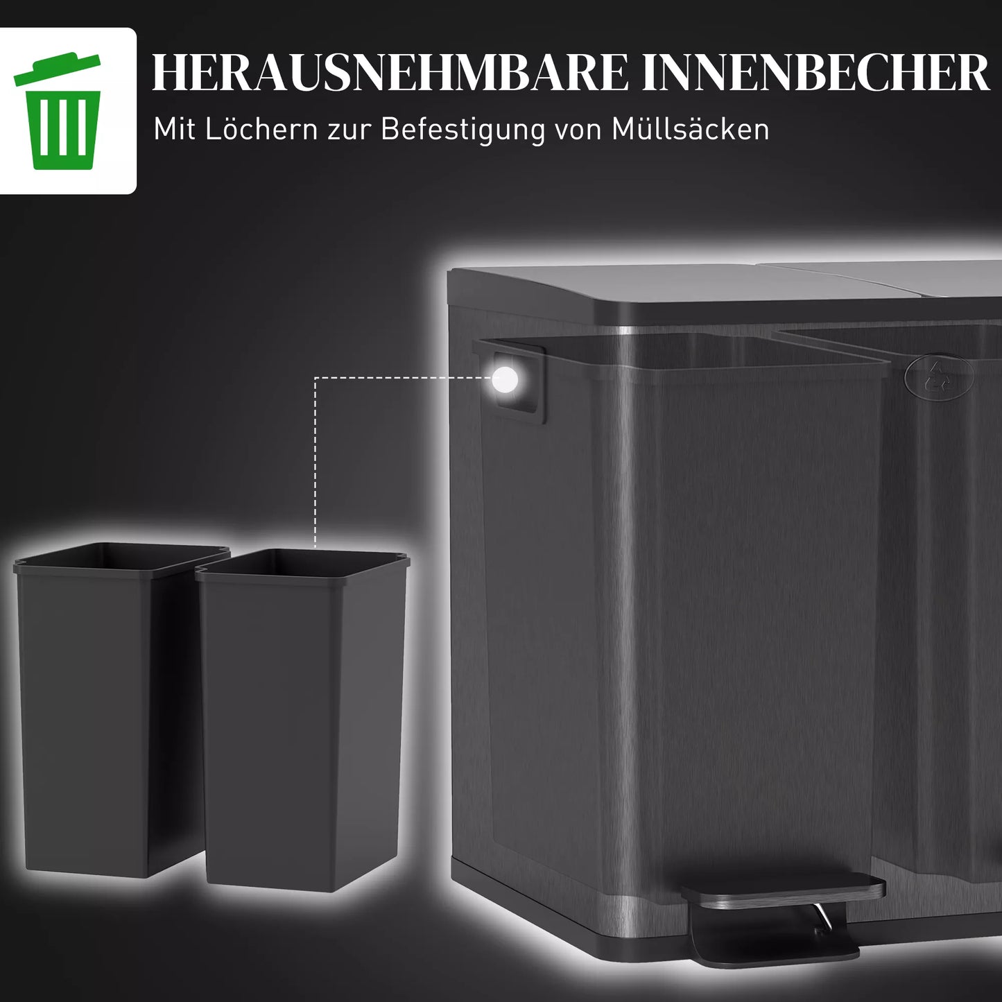 2 x 15 L dviguba šiukšliadėžė, su pedalu, lengva valyti, nerūdijantis plienas, plastikas, juoda