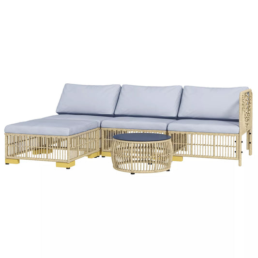 Sodo baldų komplektas, 5 dalių, su sėdynės pagalvėlėmis, dirbtinis rotangas, nerūdijančio plieno rėmas, šviesiai pilkos spalvos