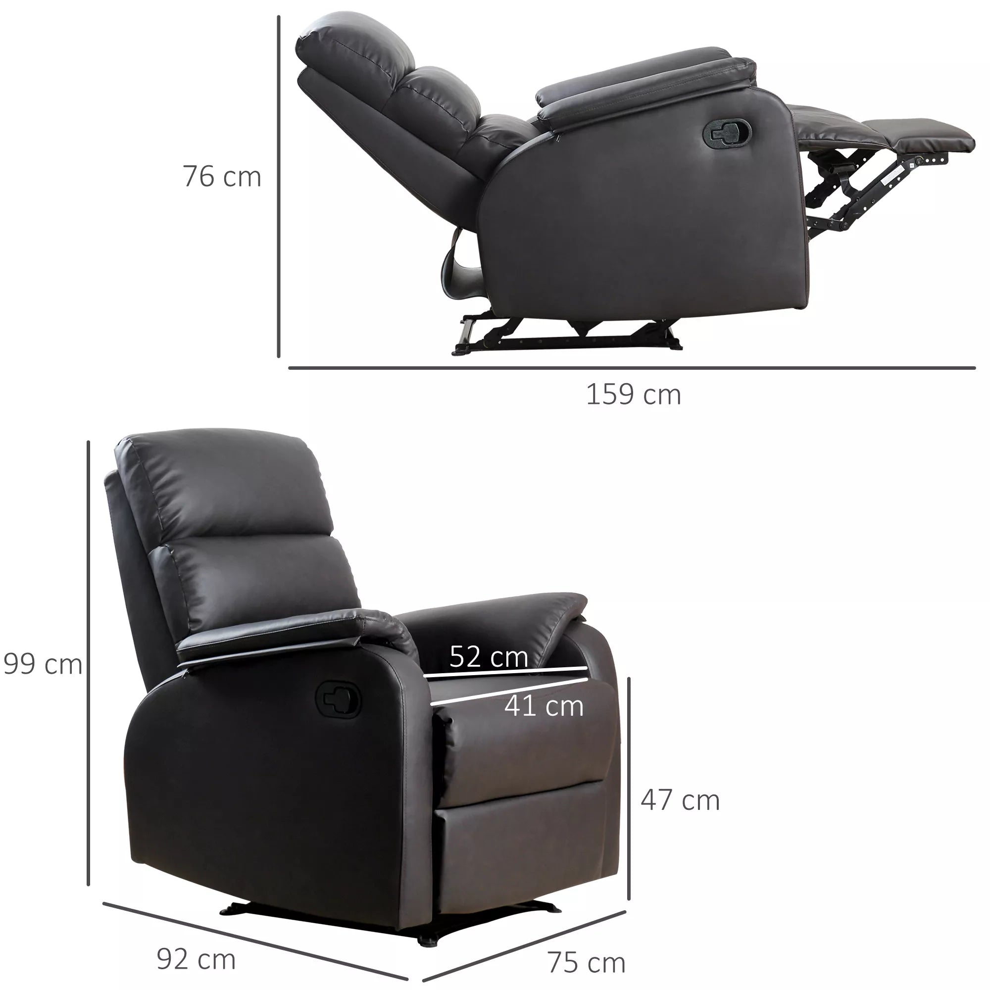 Poilsio fotelis, TV fotelis, svetainės fotelis, gultas, kampinis rašomasis stalas su CPU laikikliu, reguliuojamas, ergonomiškas, dirbtinė oda, plienas, rudas, 75 x 92 x 99 cm