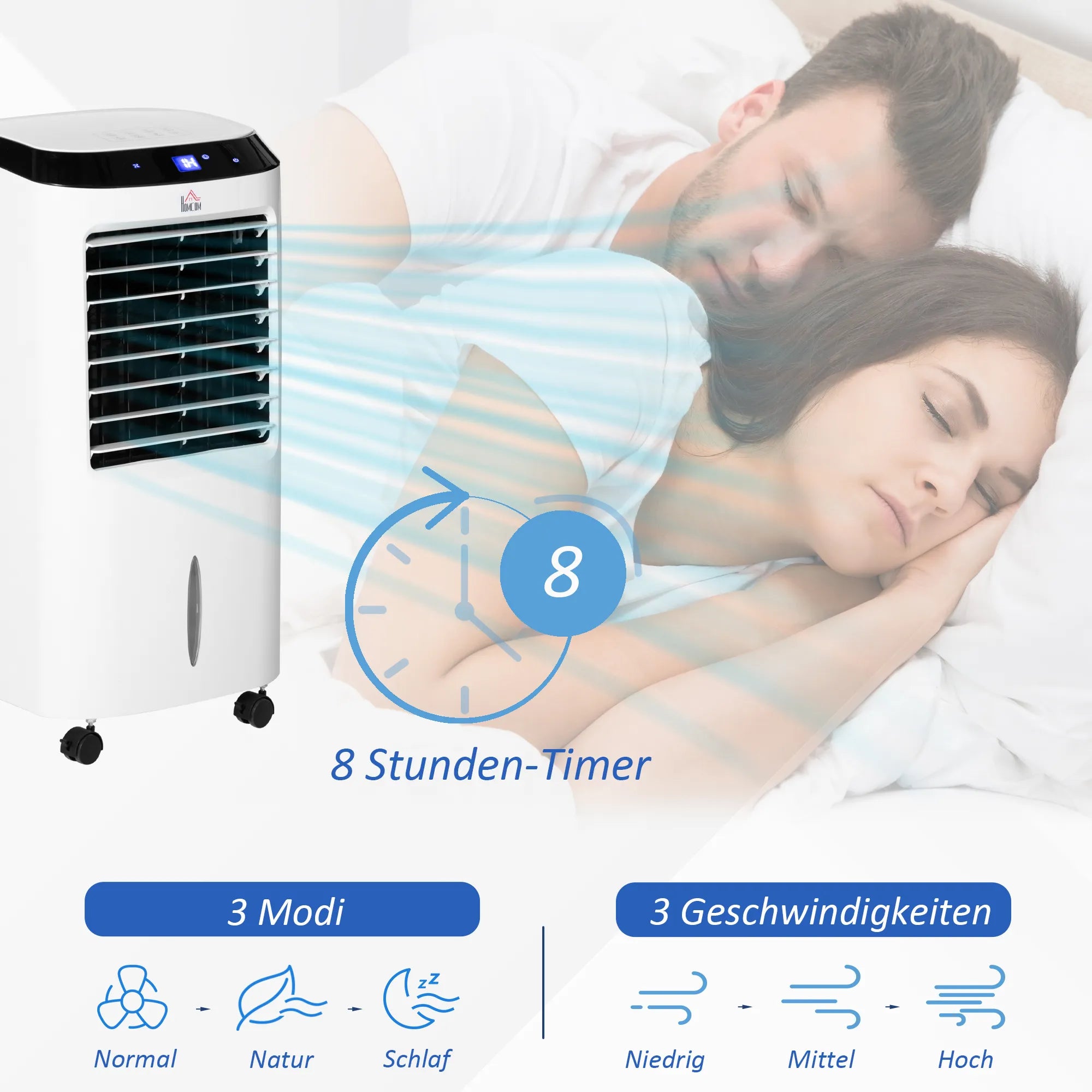 10L 4 in 1 mobilus oro kondicionierius su oro drėkinimu, vandens aušinimu, oro aušintuvu, 8 val. laikmačiu, nuotolinio valdymo pultu, naudojimo plotas 20 m², 60 W, ABS, balta + juoda, 38,2 x 31,6 x 76 cm