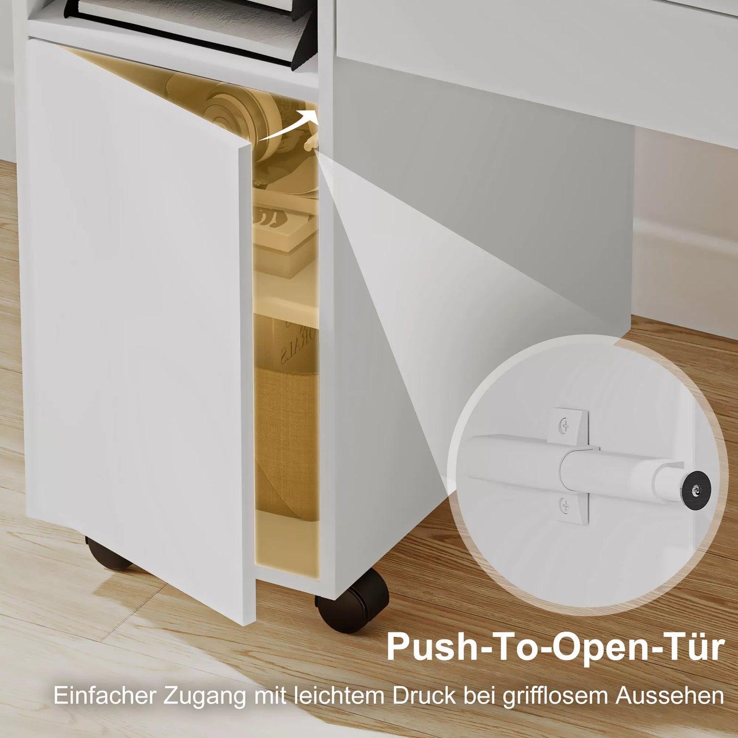 Riedžiamasis kompiuterio stalas, sulankstomas rašomasis stalas su spintele ir stalčiumi, MDP, Balta