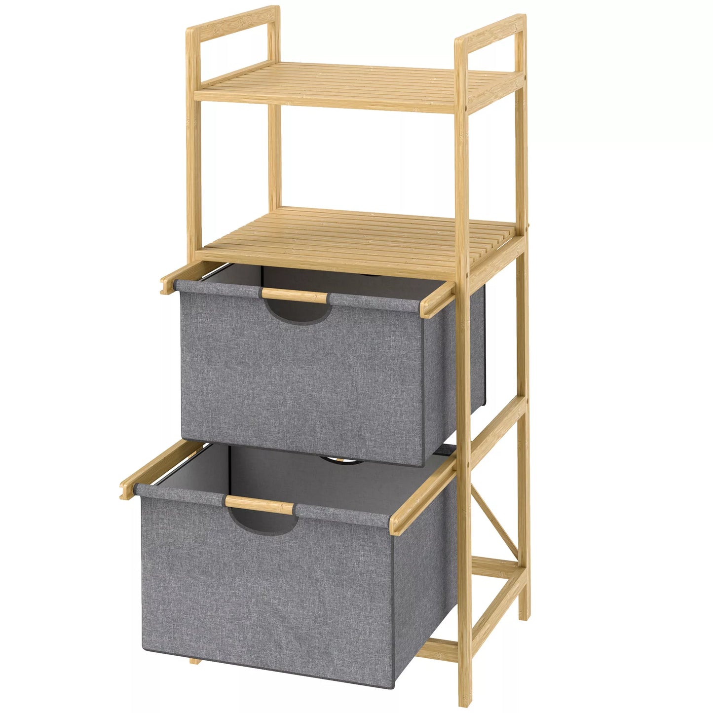 Bambukinis skalbinių stovas su 2 audinių krepšiais, atviromis lentynomis, vietą taupantis, natūralaus medžio