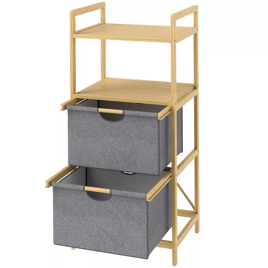 Bambukinis skalbinių stovas su 2 audinių krepšiais, atviromis lentynomis, vietą taupantis, natūralaus medžio