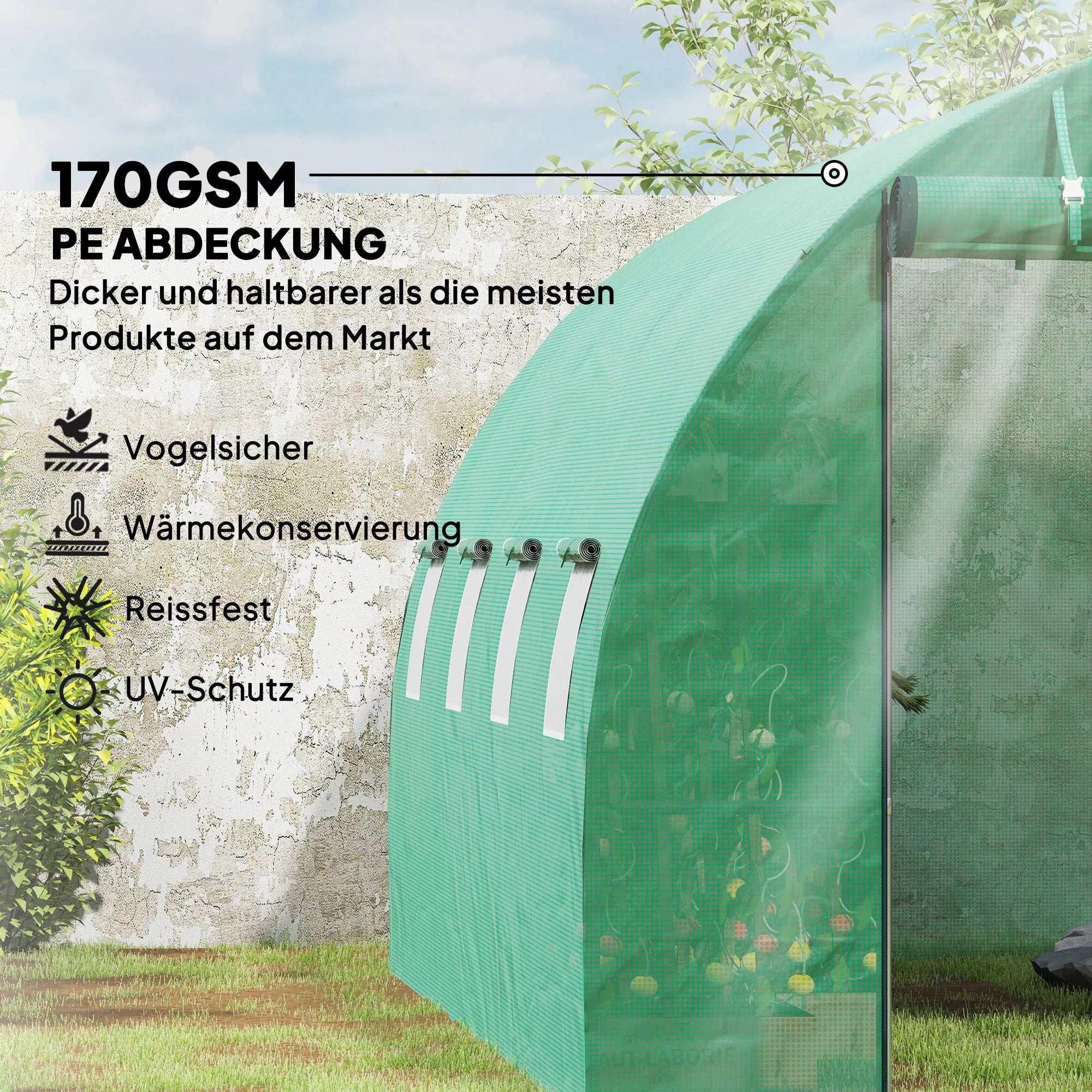 Infografika: 170 g/m² PE dangos storio ir UV apsaugos schema