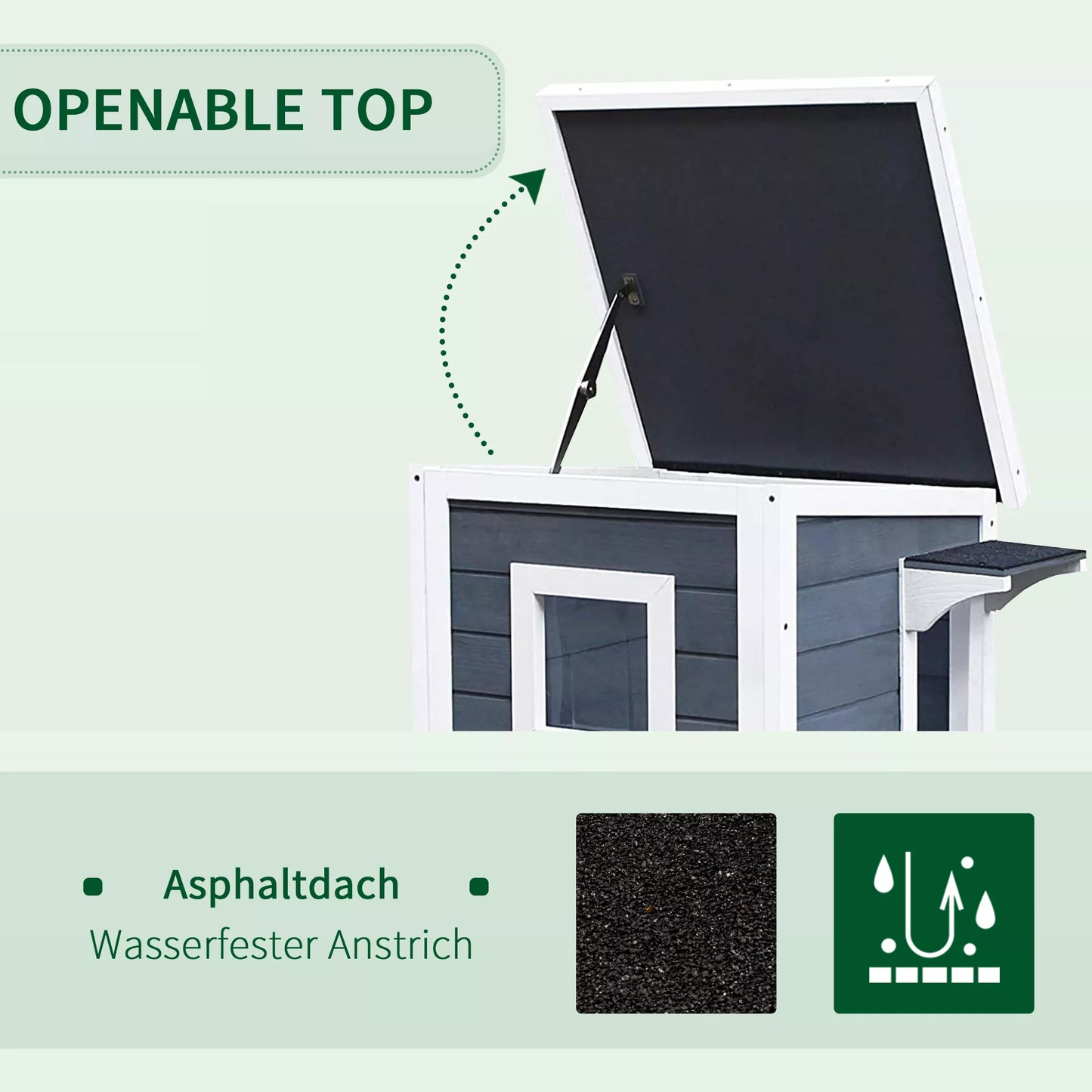 Medinis kačių namelis 2 aukštų, atsparus žiemai, neperšlampamas, su asfalto stogu, laipteliais, langu, kačių urvas lauke, apsauginė lauko būdelė sodui, balkonui, 51 x 51 x 81,3 cm, pilkos spalvos