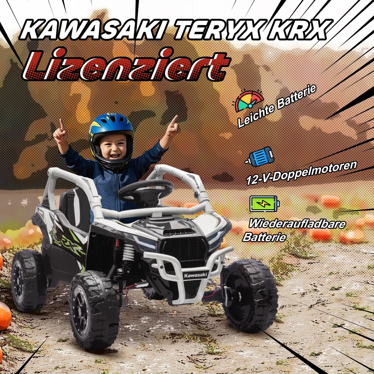 12V elektrinis visureigis vaikams, su nuotolinio valdymo pulteliu, LED žibintais, muzika, garsiniu signalu, skirtas vaikams nuo 3 iki 8 metų, pilkos spalvos.