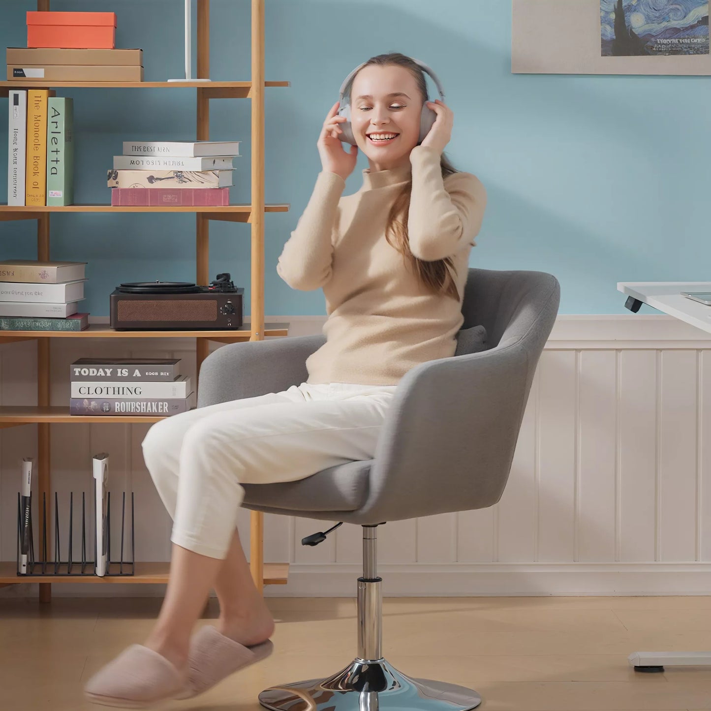 Darbinis pasukamas taburetė, iki 136 kg, reguliuojamo aukščio, lininio poliesterio, plieno, pilkos spalvos, 60 x 60 x 79-91 cm