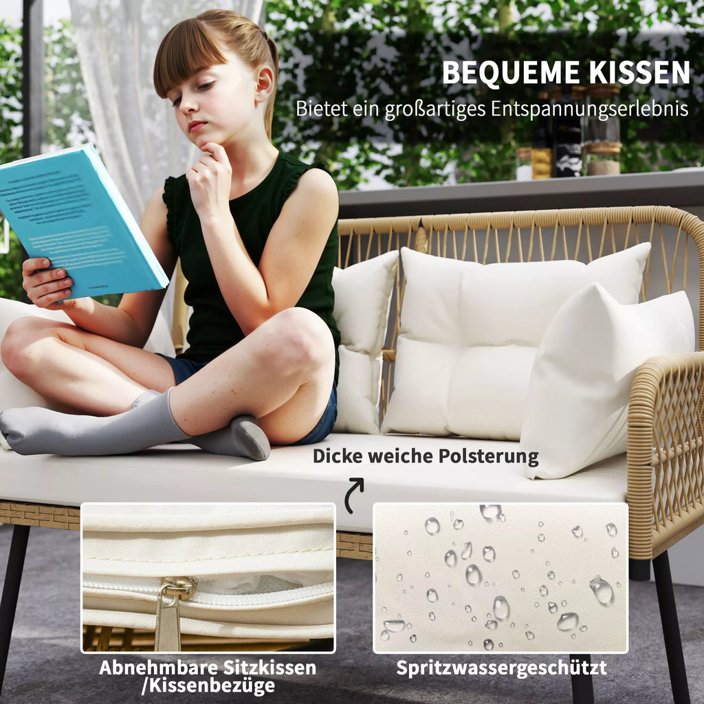 Lauko sofa su pagalvėlėmis, dvivietė sofa balkonui, boho, ratanas ir plienas, 115x61x82 cm, natūralaus medžio spalva,