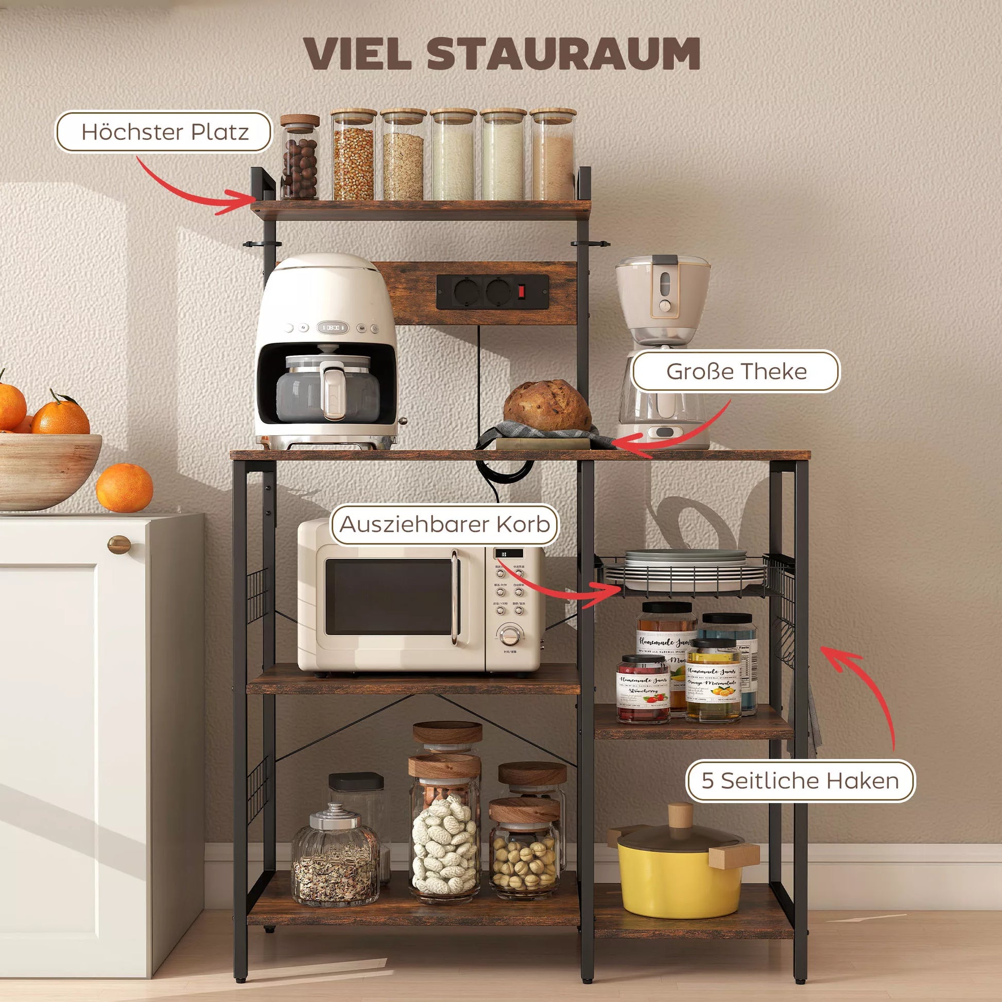 Virtuvės lentynos, stovas su 2 rozetėmis, 5 S formos kabliais, 5 lentynomis, krepšeliu, X formos atramomis iš plieno, 90 x 42 x 130 cm