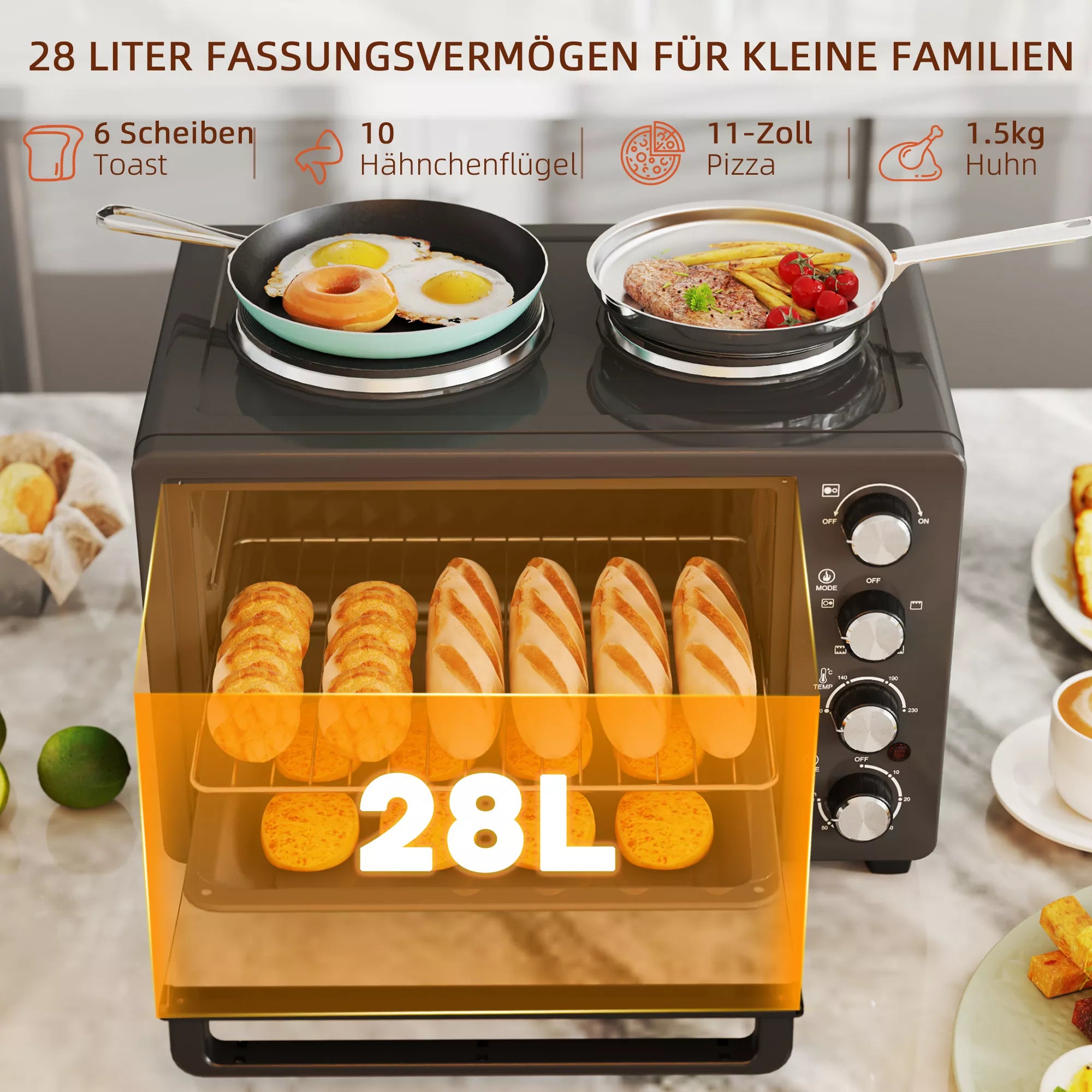 Mini orkaitė su kaitlentėmis 28 l, 2600 W, juoda