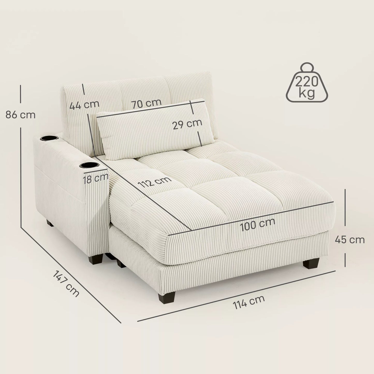 Sofa-lova su pagalvėmis, putų užpildu, transformuojama į lovą, su puodelių laikikliu, kremas-balta