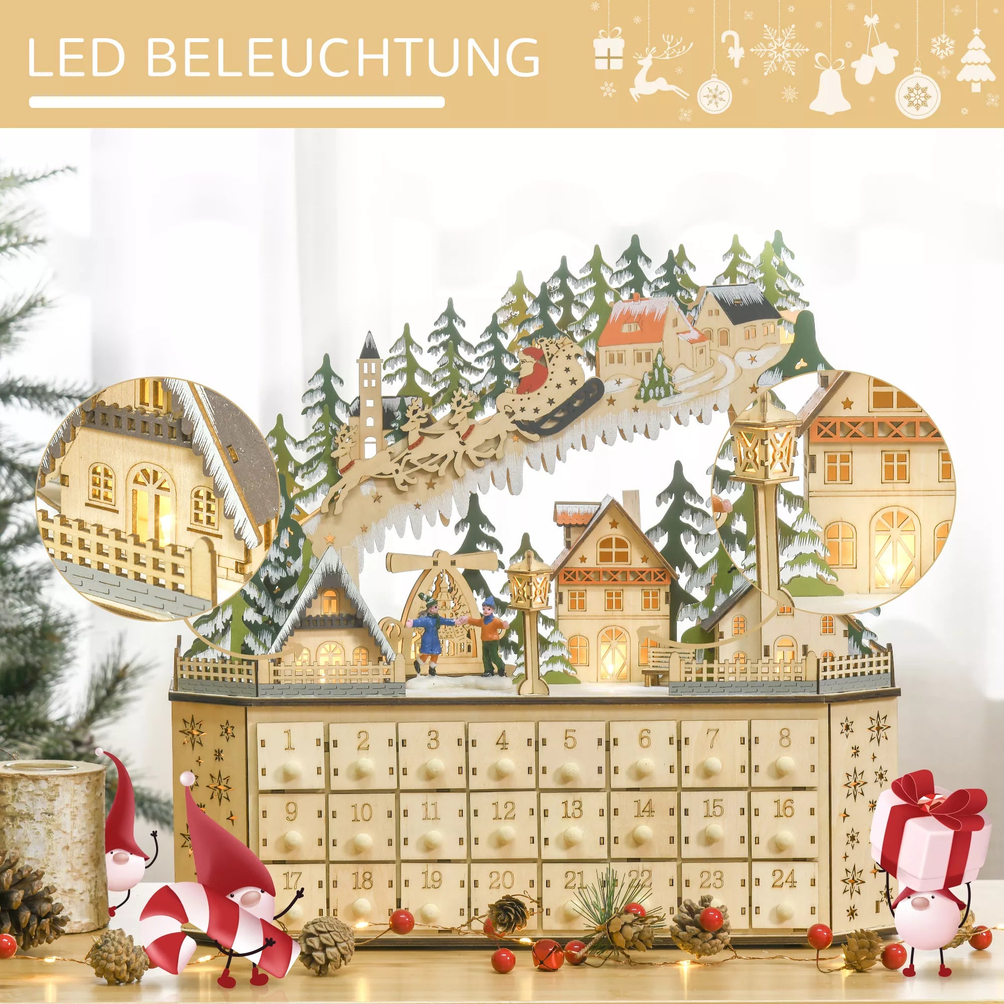 Advento kalendorius Kalėdinė puošmena, 24 stalčiukai, LED lemputės, 39 cm x 9 cm x 42 cm, Balta + Žalia