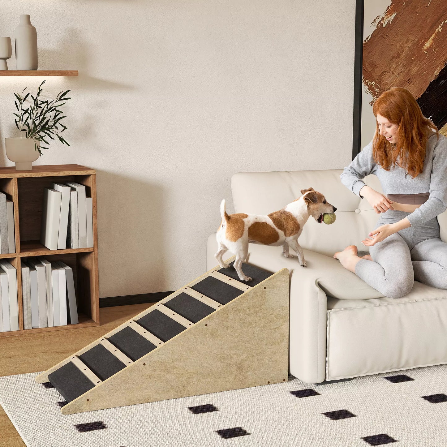 PawHut Gyvūnų laipteliai, šunų laipteliai, pušies mediena, neslystanti danga, 90 cm x 40 cm x 45 cm, Natūrali + Pilka