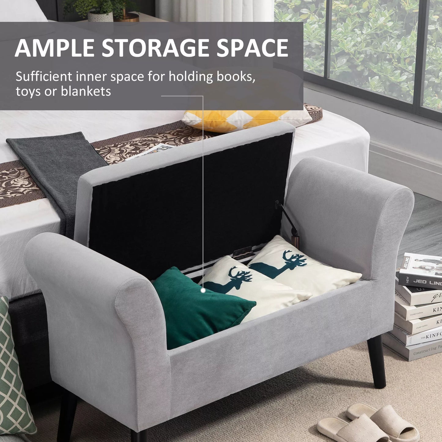 Minkštas suolas su daiktadėže, suolas-skrynia su porankiais, 46 cm sėdimojo aukščio, veliūro poliesteris, 111,5 x 41 x 65 cm, šviesiai pilkas