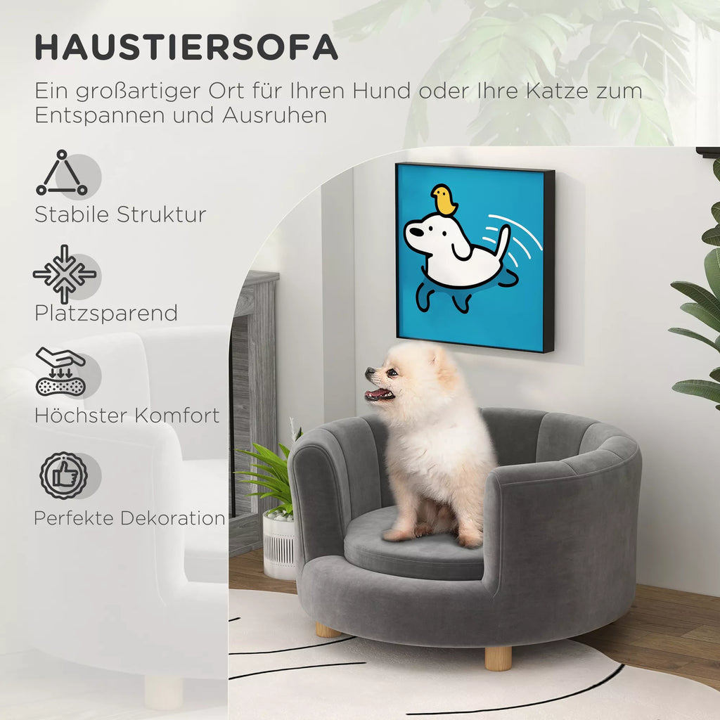 Pilka gyvūnų lovelė kaip sofa, šuo viduje