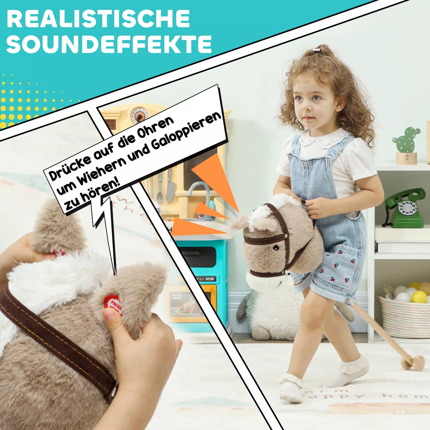 Arkliukas ant pagaliuko vaikams, su garsu, ratukais, žaidimų arkliukas jodinėjimui, skirtas vaikams nuo 24 mėnesių, pilkos spalvos