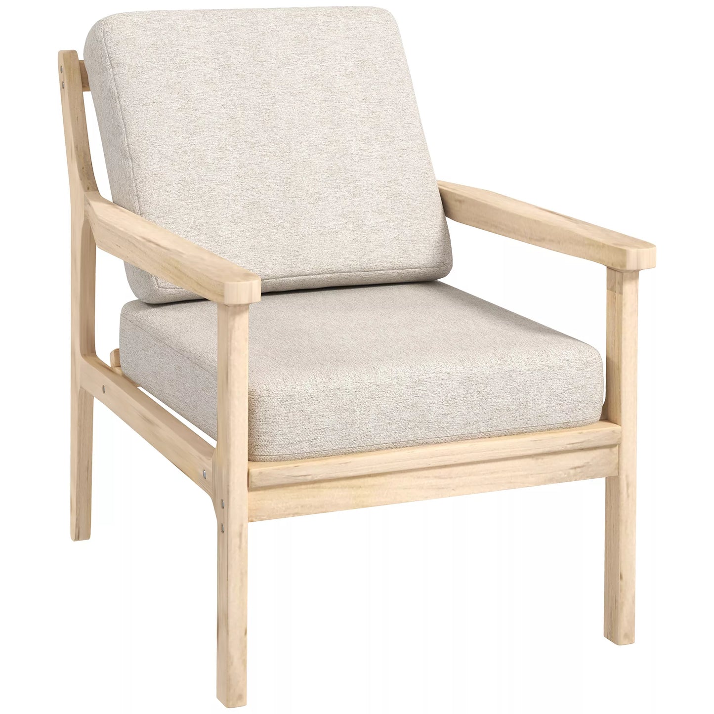 Minkštas krėslas su porankiais, tvirtu mediniu rėmu ir nuimamomis pagalvėlėmis, skirtas svetainei, miegamajam, smėlio spalvos