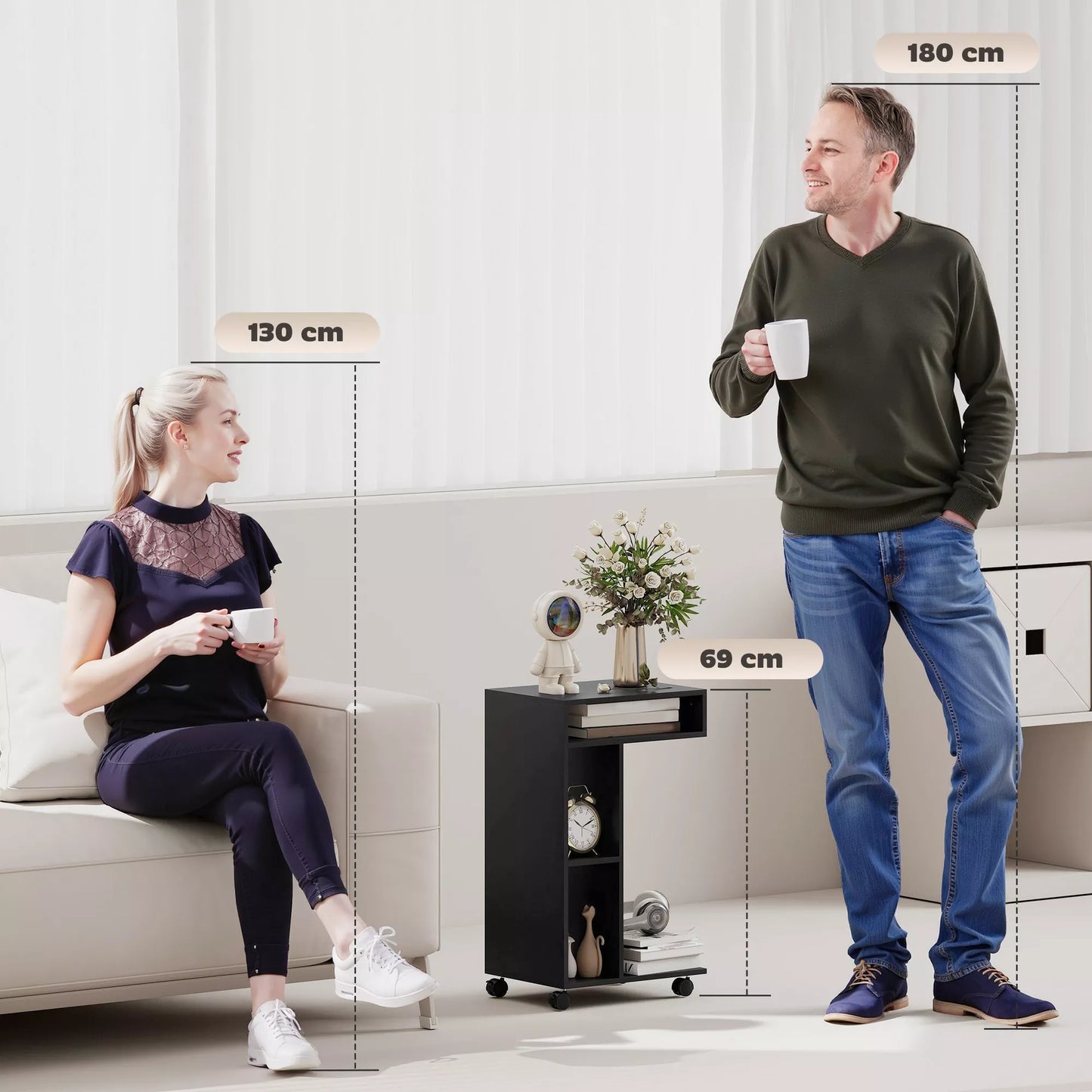 Stalinis staliukas, C formos serviravimo vežimėlis, 4 ratukai, 3 lentynos, 40 x 30 x 69 cm, juodas