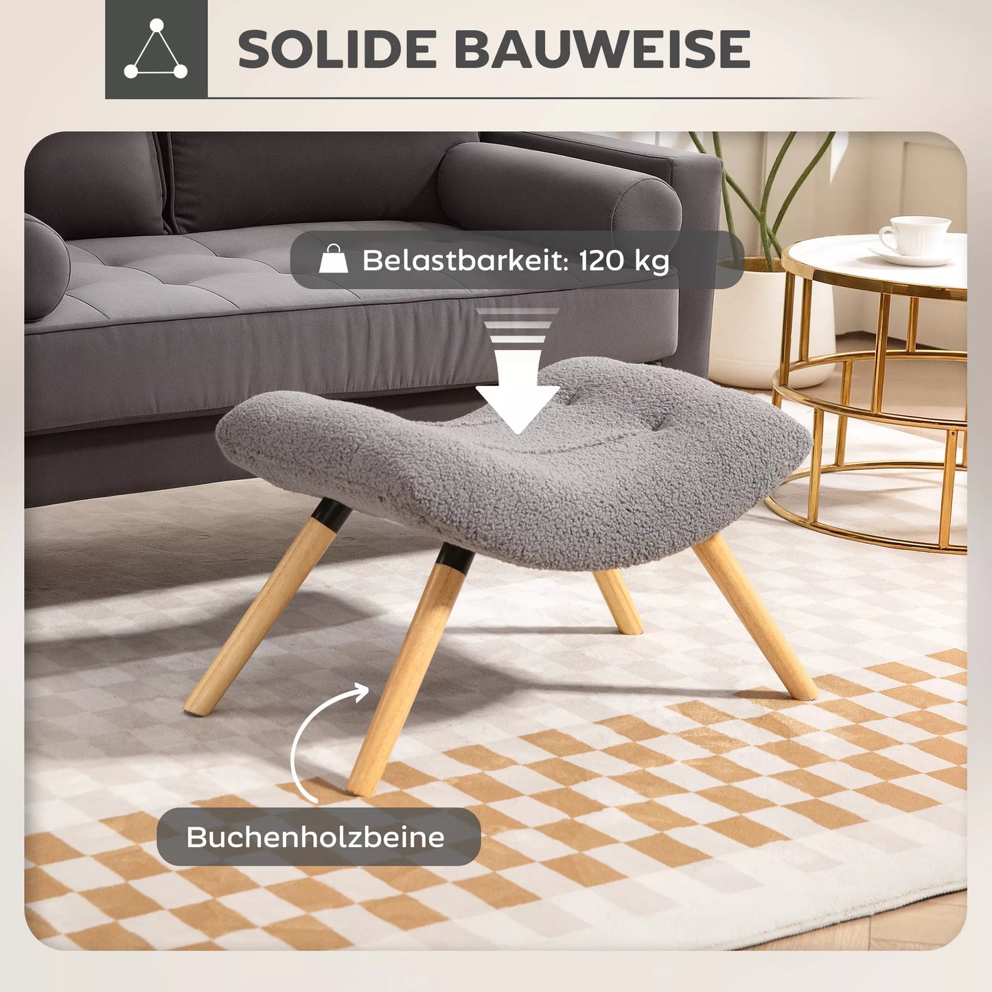 Modernus pufas su vilnos užvalkalu ir medinėmis kojelėmis, minkštas, svetainei, miegamajam, koridoriui, šviesiai pilkas