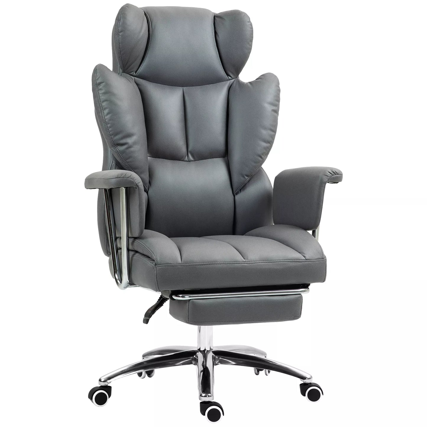 Ergonomiška biuro kėdė, paminkštinta, su kojų atrama, reguliuojama nugaros atrama, 360° pasukama, tamsiai pilka