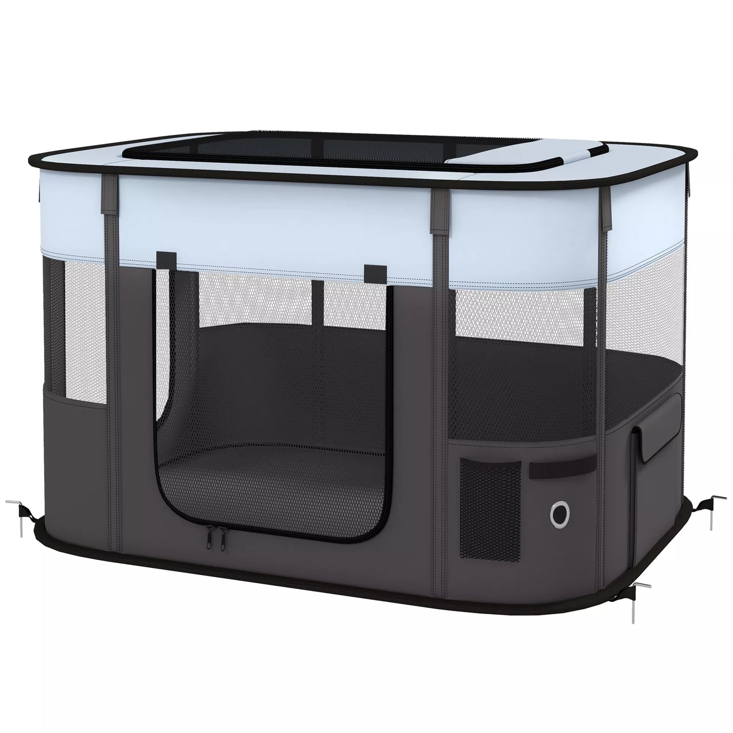 Sulankstomas žaidimų aptvaras naminiams gyvūnams su laikymo krepšiu, skirtas šuniukams ir kačiukams, naudoti lauke ir viduje, pilkos spalvos