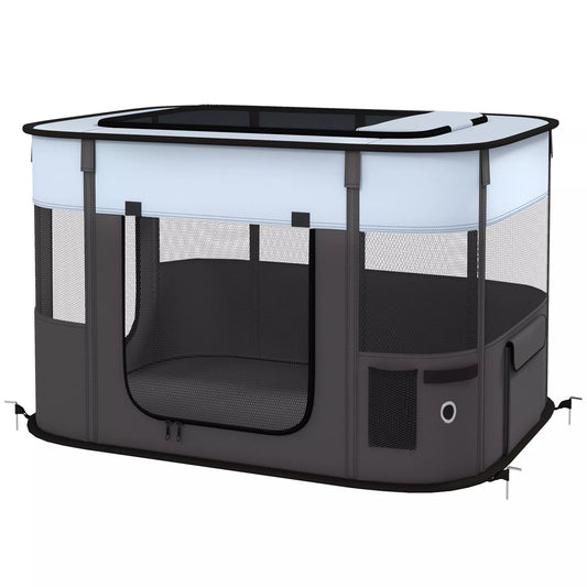 Sulankstomas žaidimų aptvaras naminiams gyvūnams su laikymo krepšiu, skirtas šuniukams ir kačiukams, naudoti lauke ir viduje, pilkos spalvos