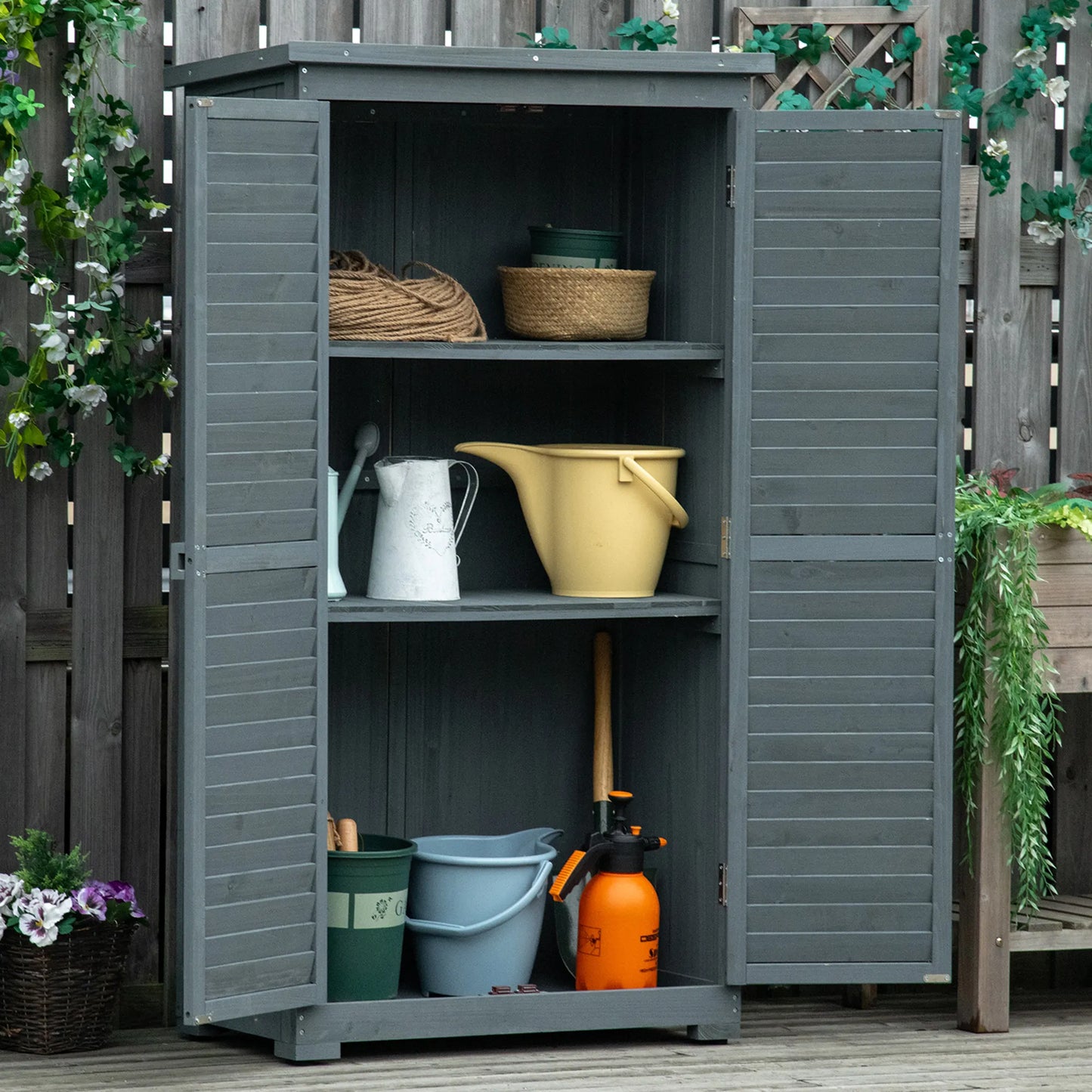 Outsunny Sodo spintelė Medienos įrankių namelis Medienos namelis Mononilys stogas Bituminė danga Lamelinės durys Pilka 87 x 46,5 x 160 cm