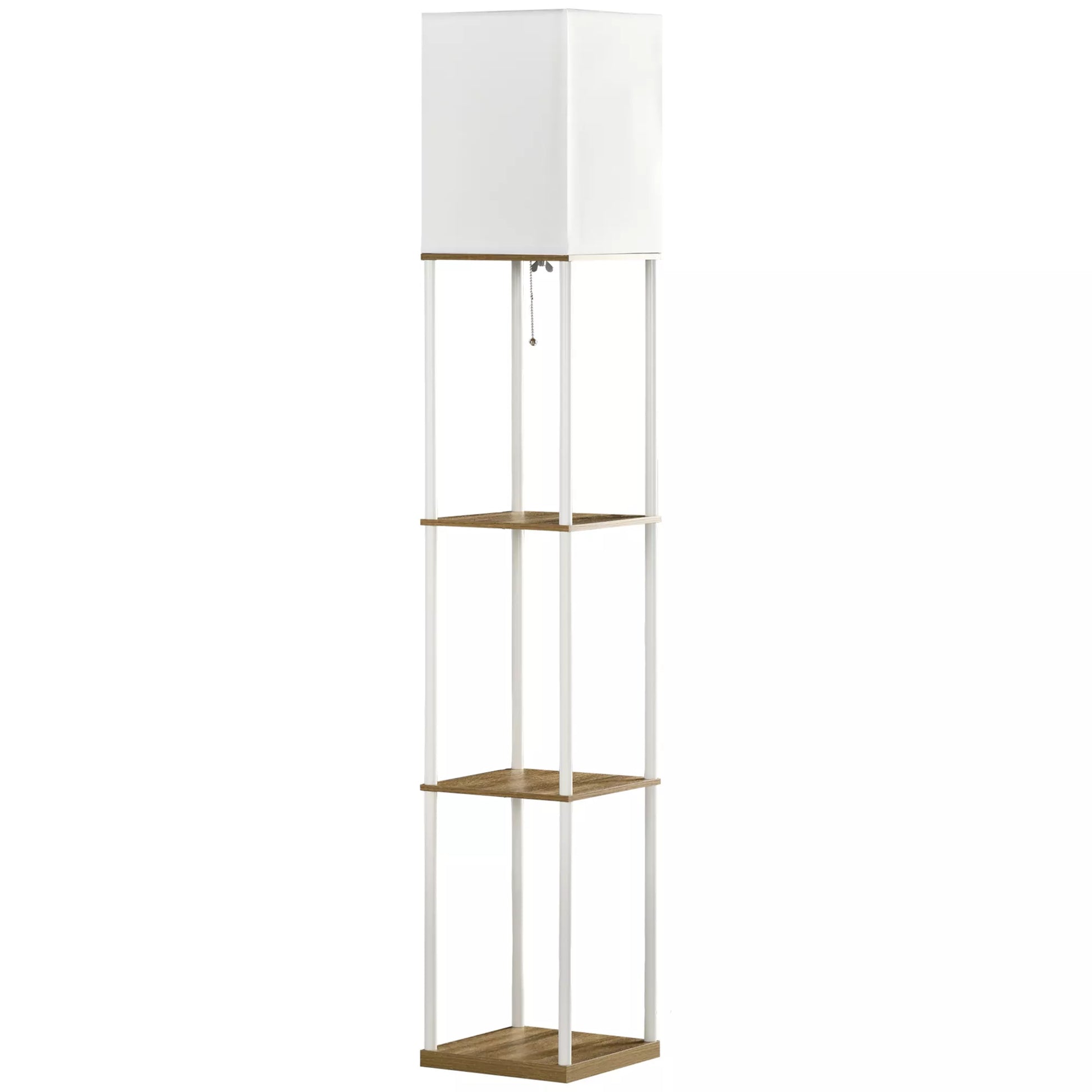 Stovas, lubų šviestuvas, su lentynomis, metalinis rėmas, audinio gaubtas, 26x26x159 cm, baltas/rudas