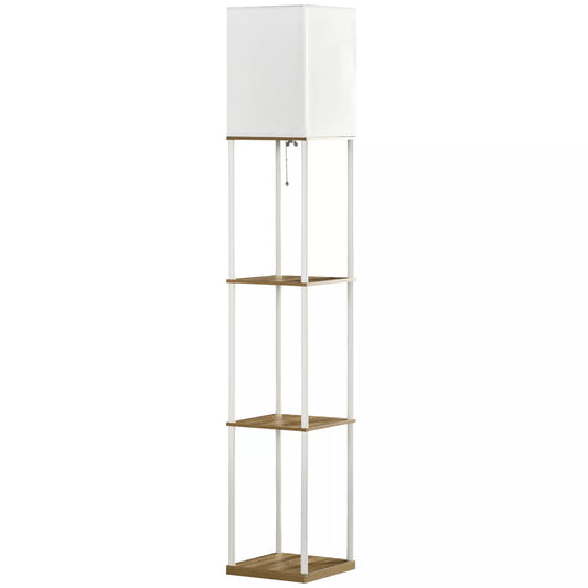 Stovas, lubų šviestuvas, su lentynomis, metalinis rėmas, audinio gaubtas, 26x26x159 cm, baltas/rudas