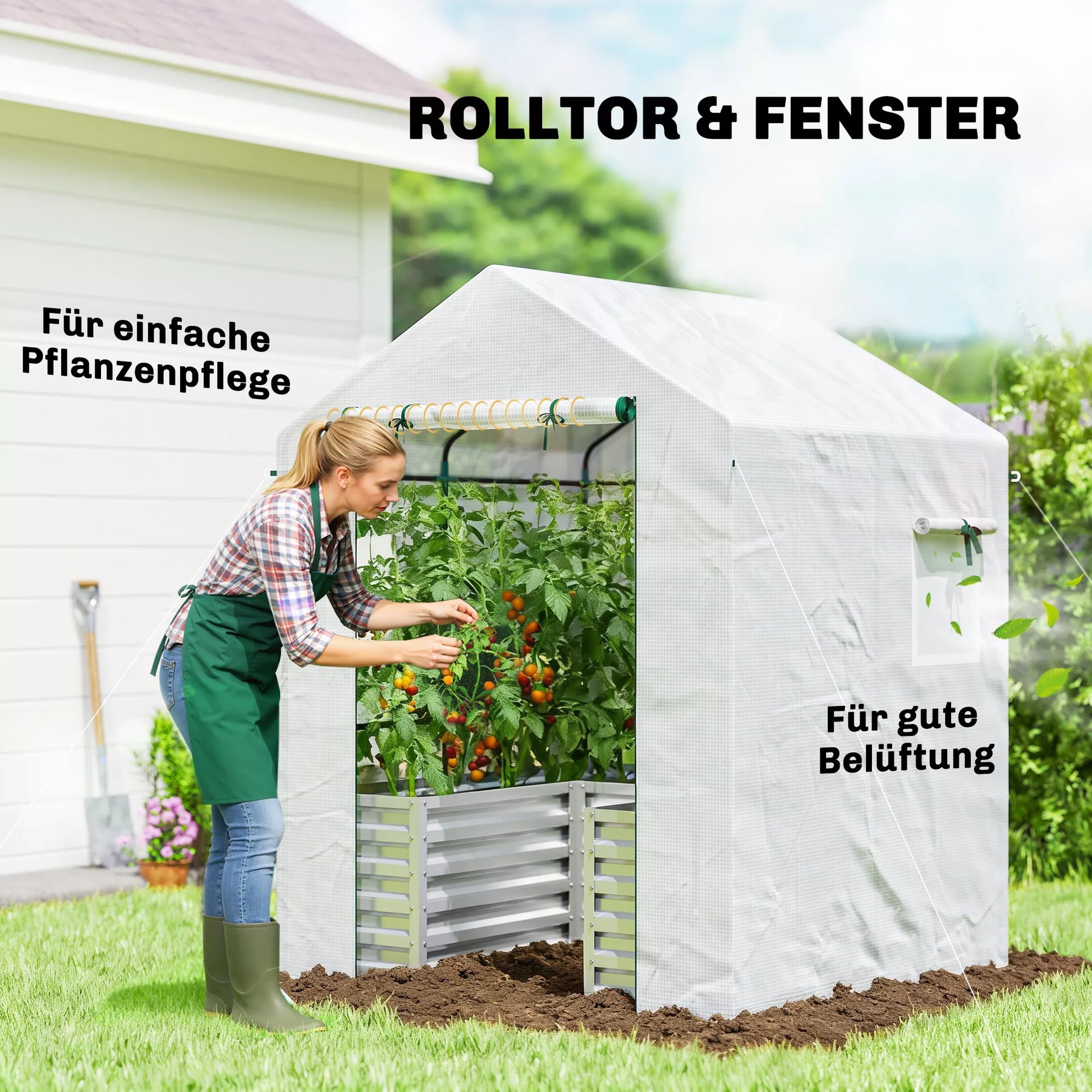 Pomidorų šiltnamis Plėvelinis šiltnamis su aukštu lysve Ritininiu vartu Langu Pasviru stogu 141 x 141 x 190 cm Balta