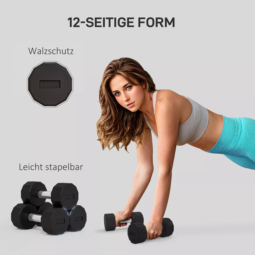 SPORTNOW Hantelių rinkinys 2 x 5kg, ne-riedančios, neslystanti rankena, guminė danga, metalo šerdis, juoda