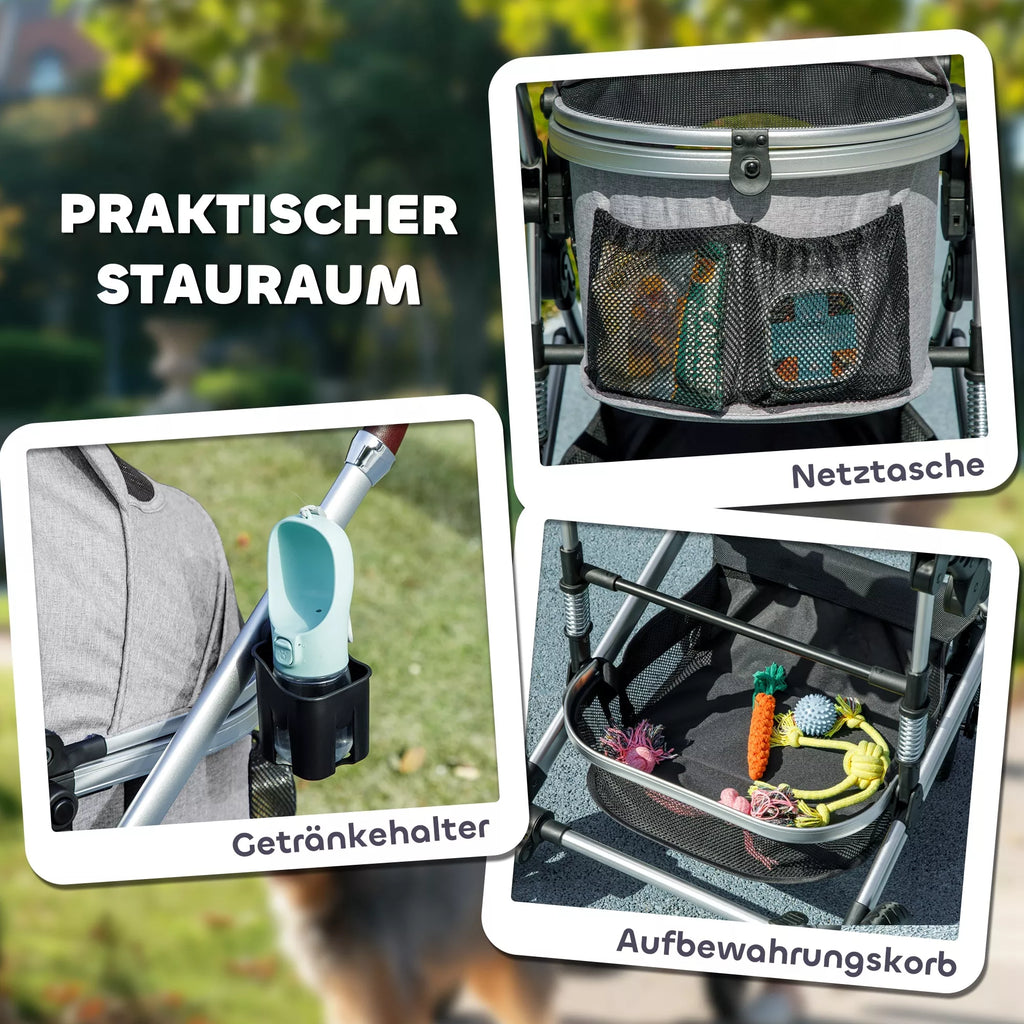 3-in-1 Šunų vežimėlis, sulankstomas katėms iki 10 kg, katelių vežimėlis su pagalvėle ir puodelio laikikliu, šviesiai pilkas