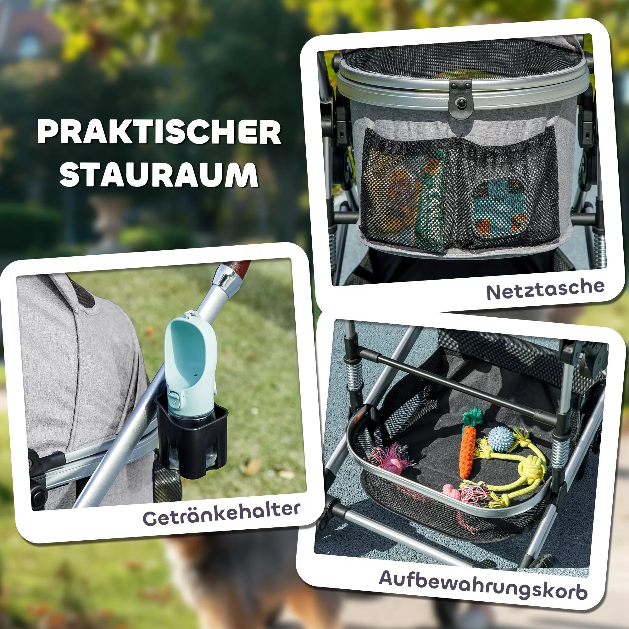 3-in-1 Šunų vežimėlis, sulankstomas katėms iki 10 kg, katelių vežimėlis su pagalvėle ir puodelio laikikliu, šviesiai pilkas