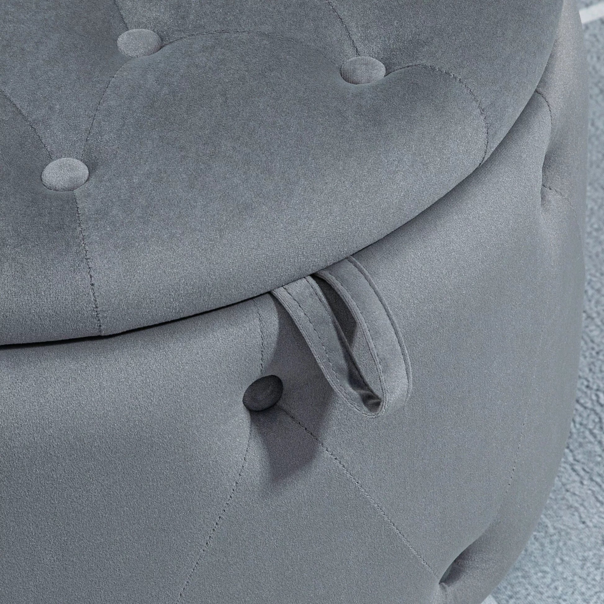 Apvalus pufas su daiktadėže, dygsniuotas su sagomis, velveto tipo danga, pilkas, 60 x 60 x 40 cm