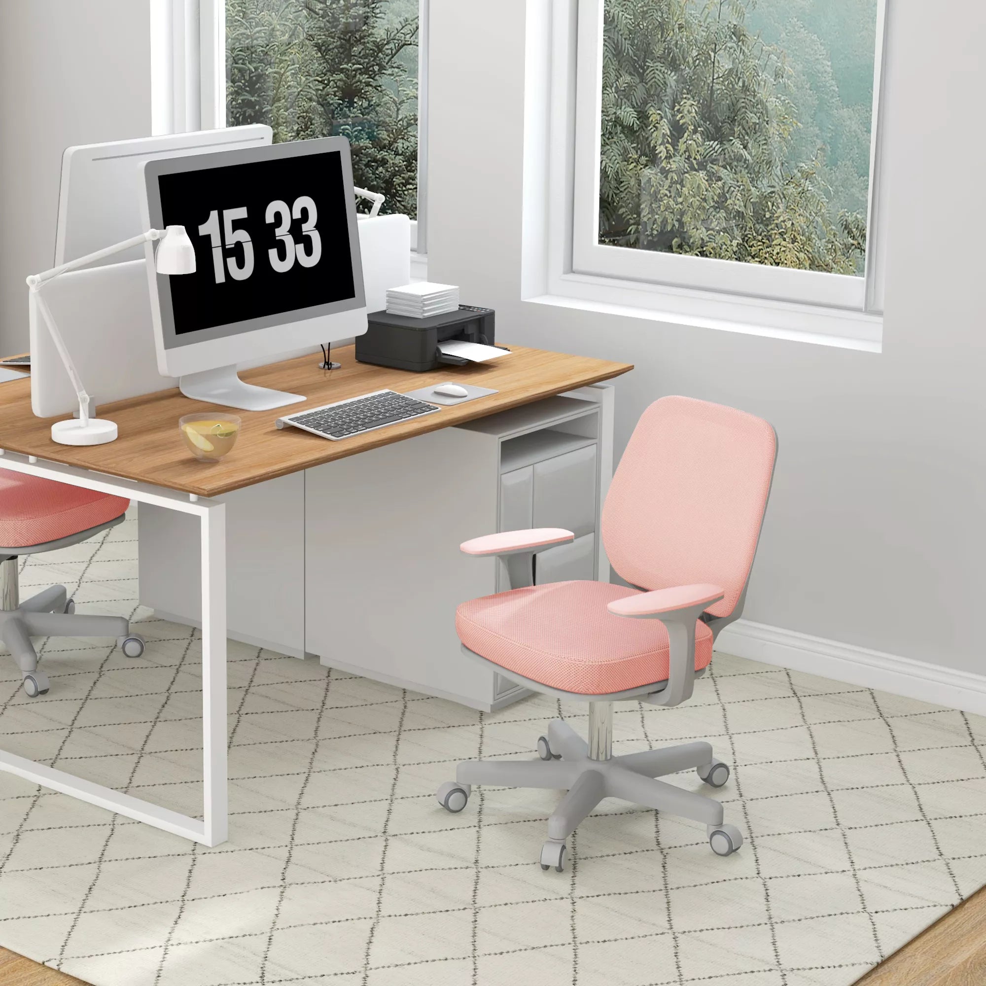 Biuro kėdė, ergonomiška rašomojo stalo kėdė su pasukimo funkcija, reguliuojamas aukštis 55 x 48 x 82,5–94,5 cm, rožinė