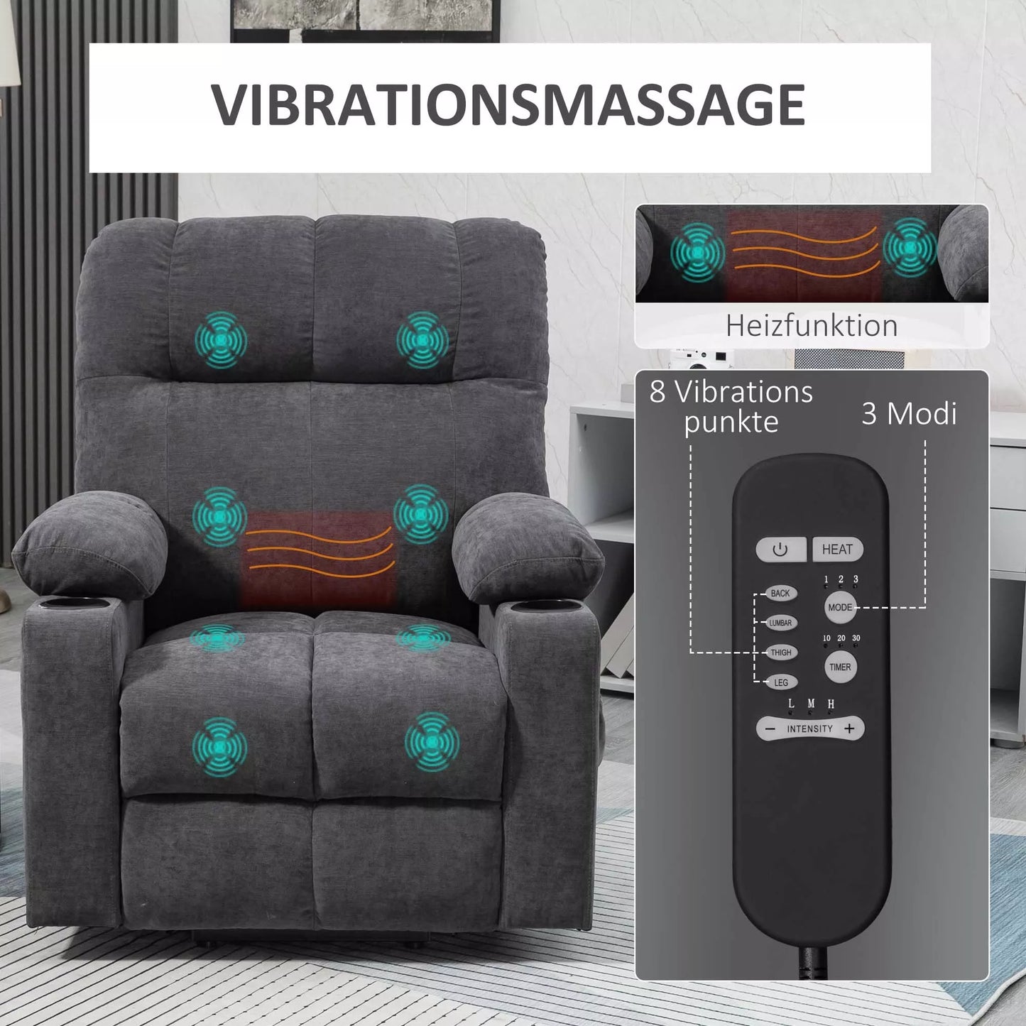 Senjorų fotelis su atsisėdimo/atsistojimo funkcija, reguliuojama atlošo padėtis, komplekte su pulteliu, 144 cm x 91 cm x 88 cm, tamsiai pilkos spalvos