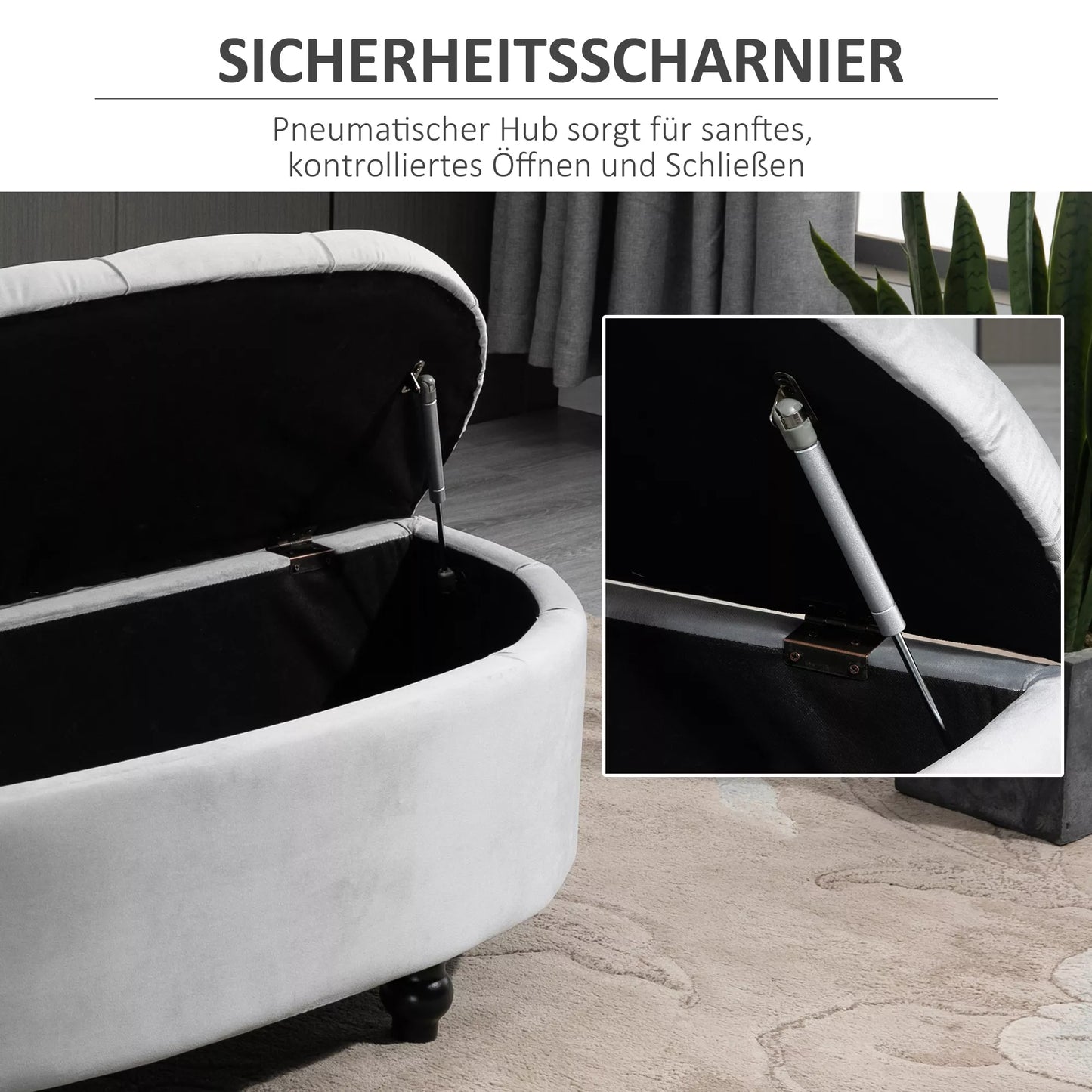 Suolas su daiktadėže, paminkštinta su aksomo išvaizda, atidarytu dangčiu, daiktadėžė su medinėmis kojomis, suolas daiktadėžė svetainei, prieškambariui, miegamajam 120 x 46 x 42 cm, pilkas