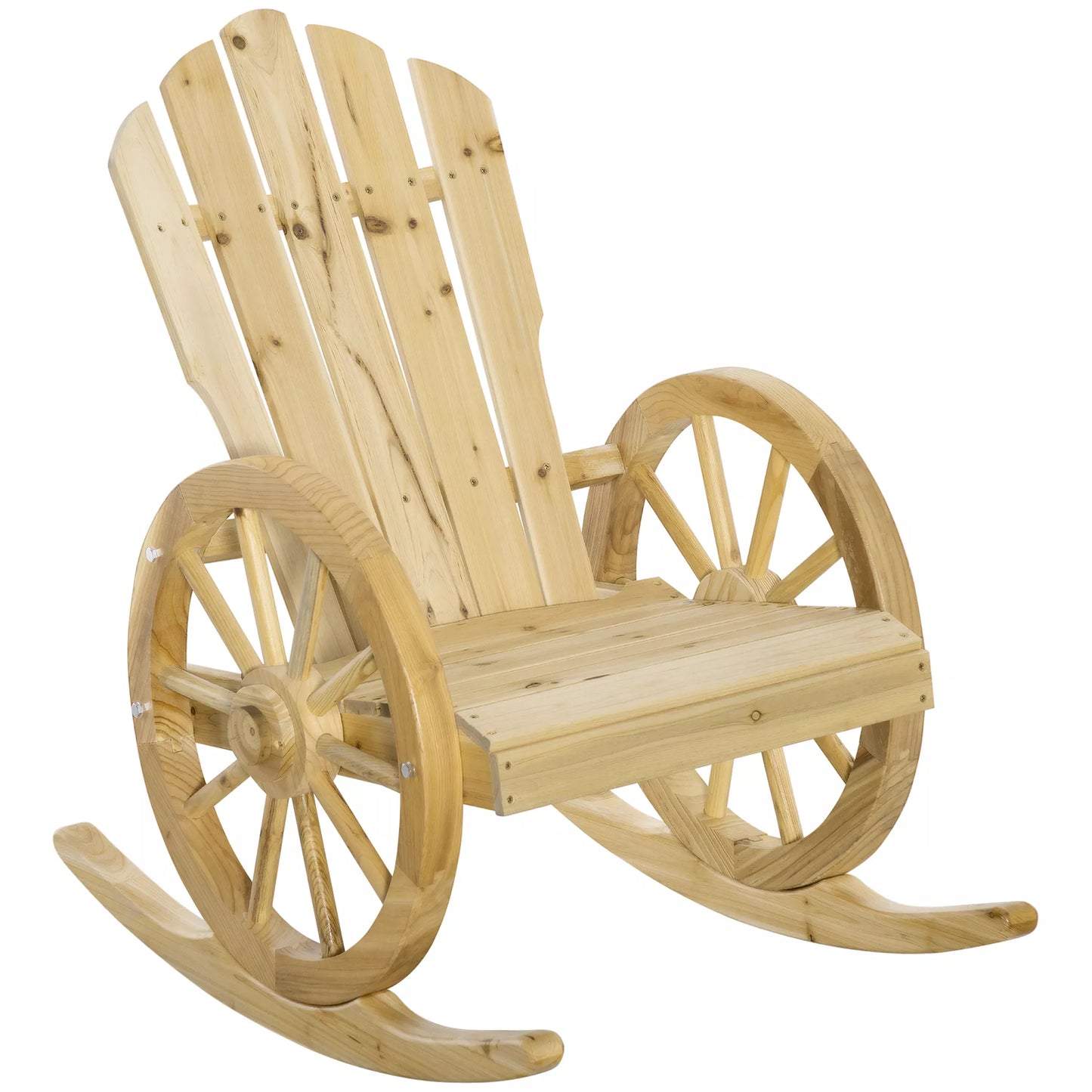 Rustikinis supamasis krėslas, sodo kėdė, vežimo rato dizainas, atsparus atmosferos poveikiui, pušies mediena, 68 x 88 x 92 cm