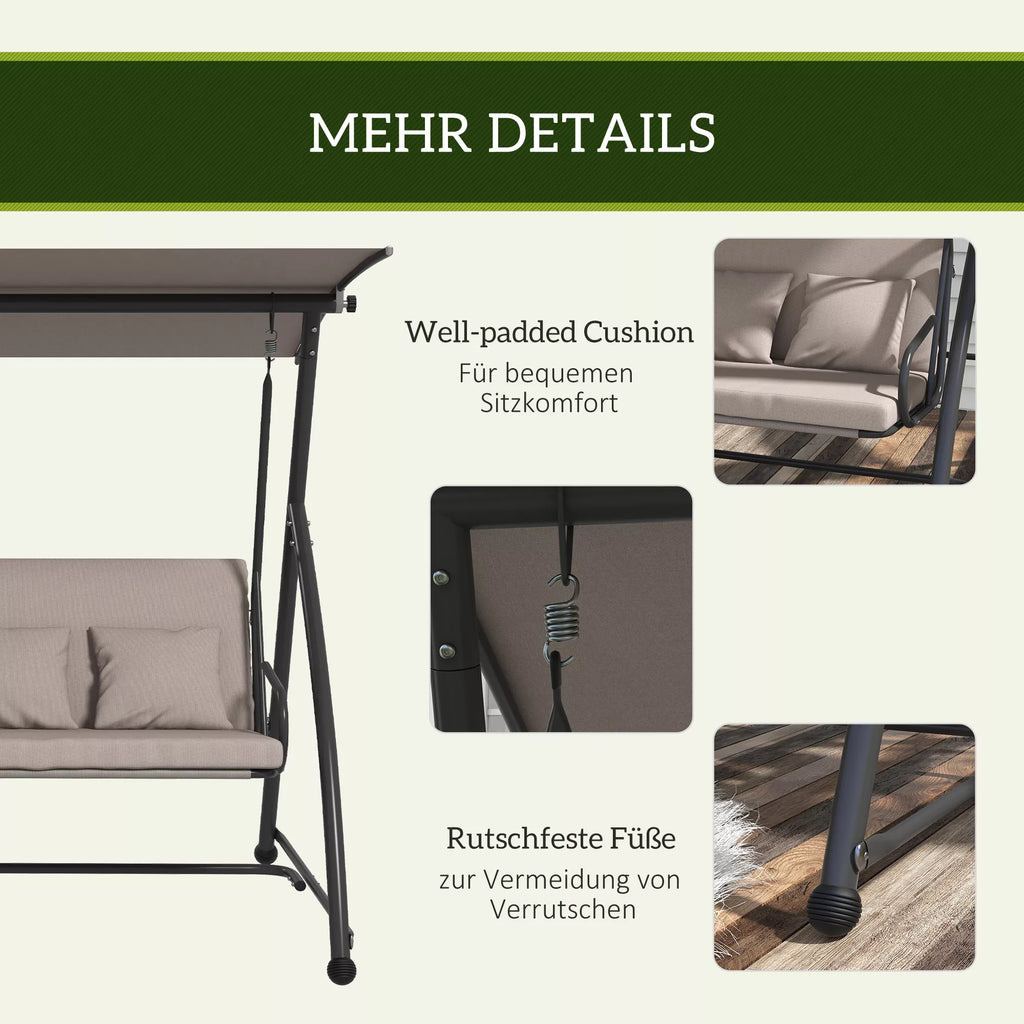2-in-1 holivudo sūpynės su atlošimo funkcija, 3-vietės sodo sūpynės iš plieno Sūpynės suoliukas 170x110x153 cm, šviesiai rudos spalvos