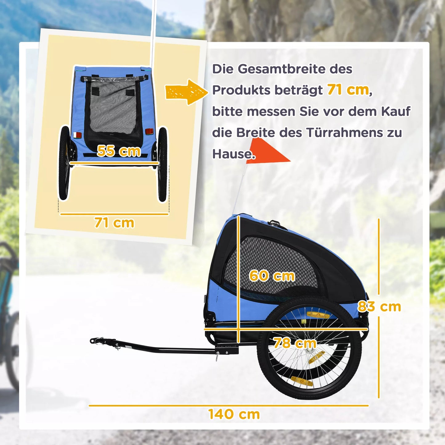 Sulankstoma šunų dviračio priekaba, atspari vandeniui, Oksfordo audinys, Plienas, 140 x 71 x 83 cm, Mėlyna