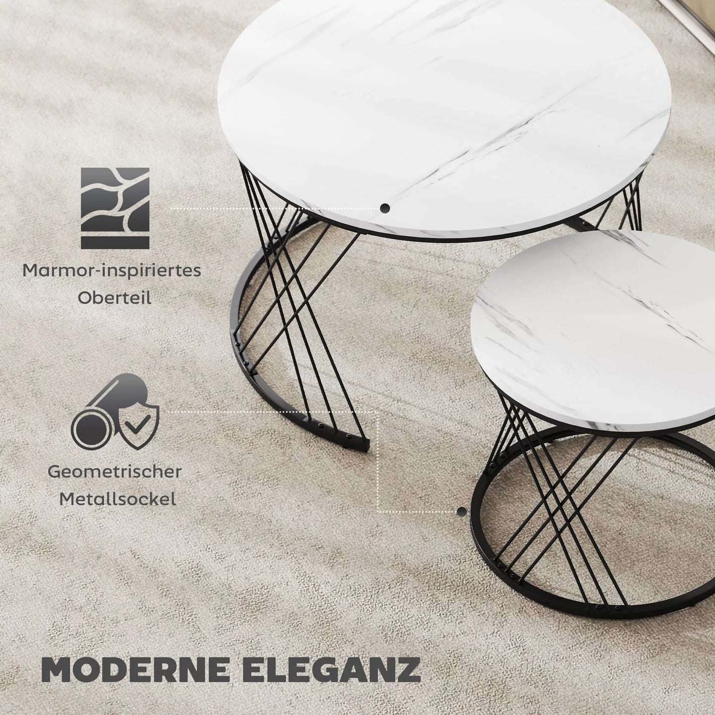 2 vnt. komplektas, marmuro imitacija, medžio drožlių plokštė, metalas, apvalūs kavos staliukai, sudedami vienas į kitą, balti