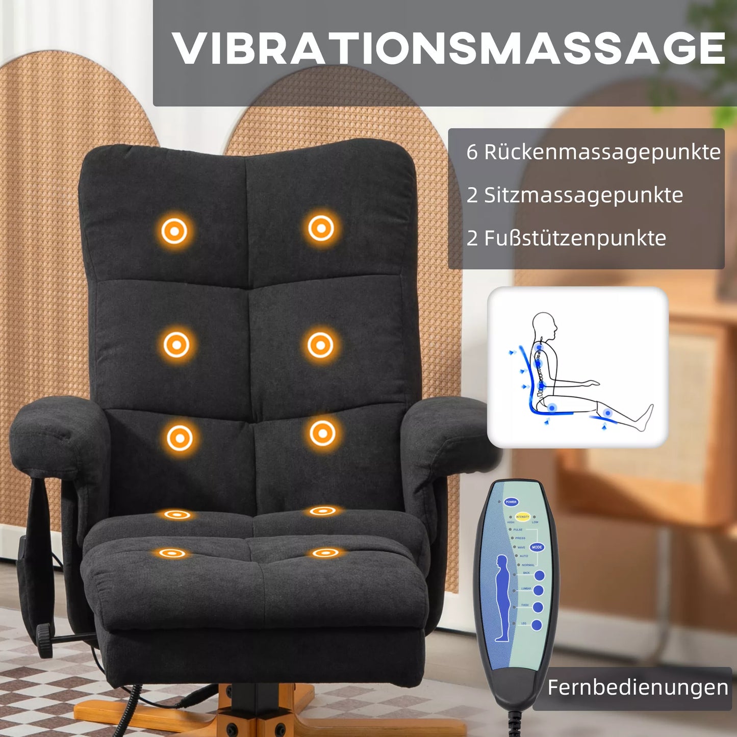 Masažinė kėdė su gulėjimo funkcija ir pėdų atrama, 145° atlošimas, poliesteris, 80 x 86 x 99 cm, Juoda