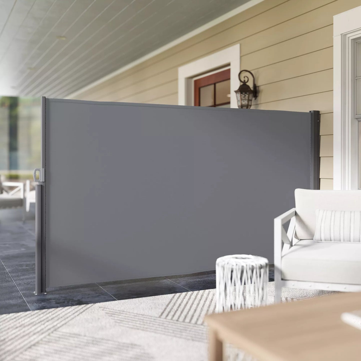 Ištraukiama šoninė markizė, nepermatoma, skirta privatumui su sieniniu laikikliu, padengta, 300x180cm, tamsiai pilka