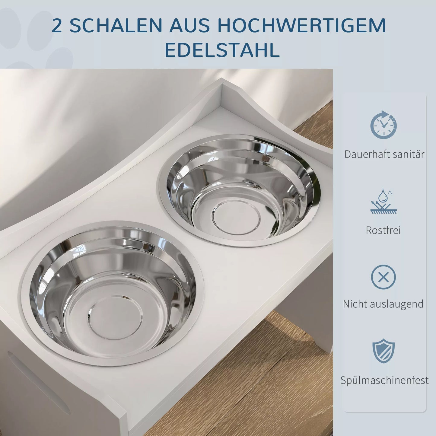 Maisto stotelė šunims, 2 nerūdijančio plieno dubenėliai, reguliuojamo aukščio, 54x31,5x47cm, balta