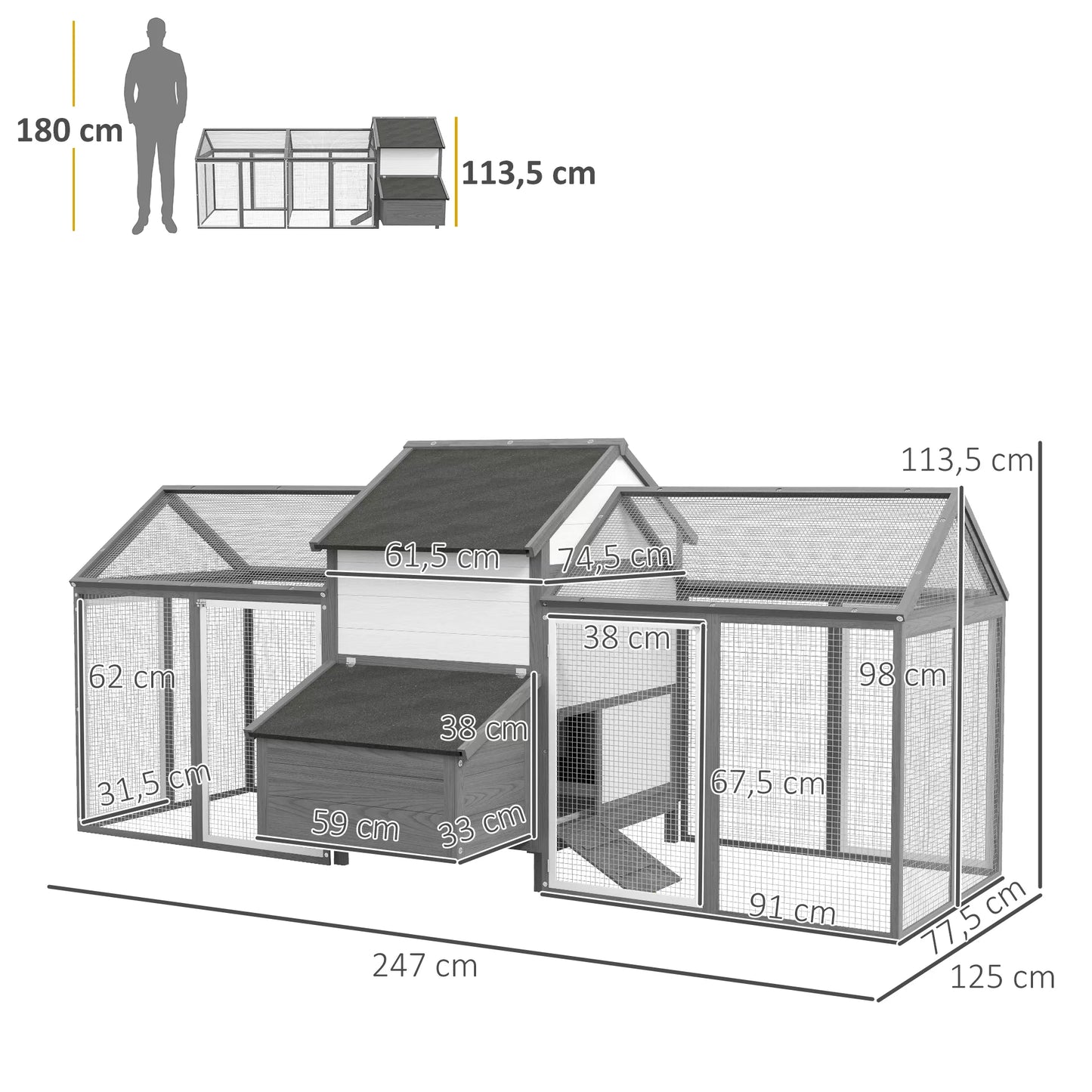 Vištidė smulkių gyvūnų gardas, 2 lauko aptvarai, 1 lizdų dėžė, 2 rampos, asfaltinis stogas, atsparus oro sąlygoms, pilkas
