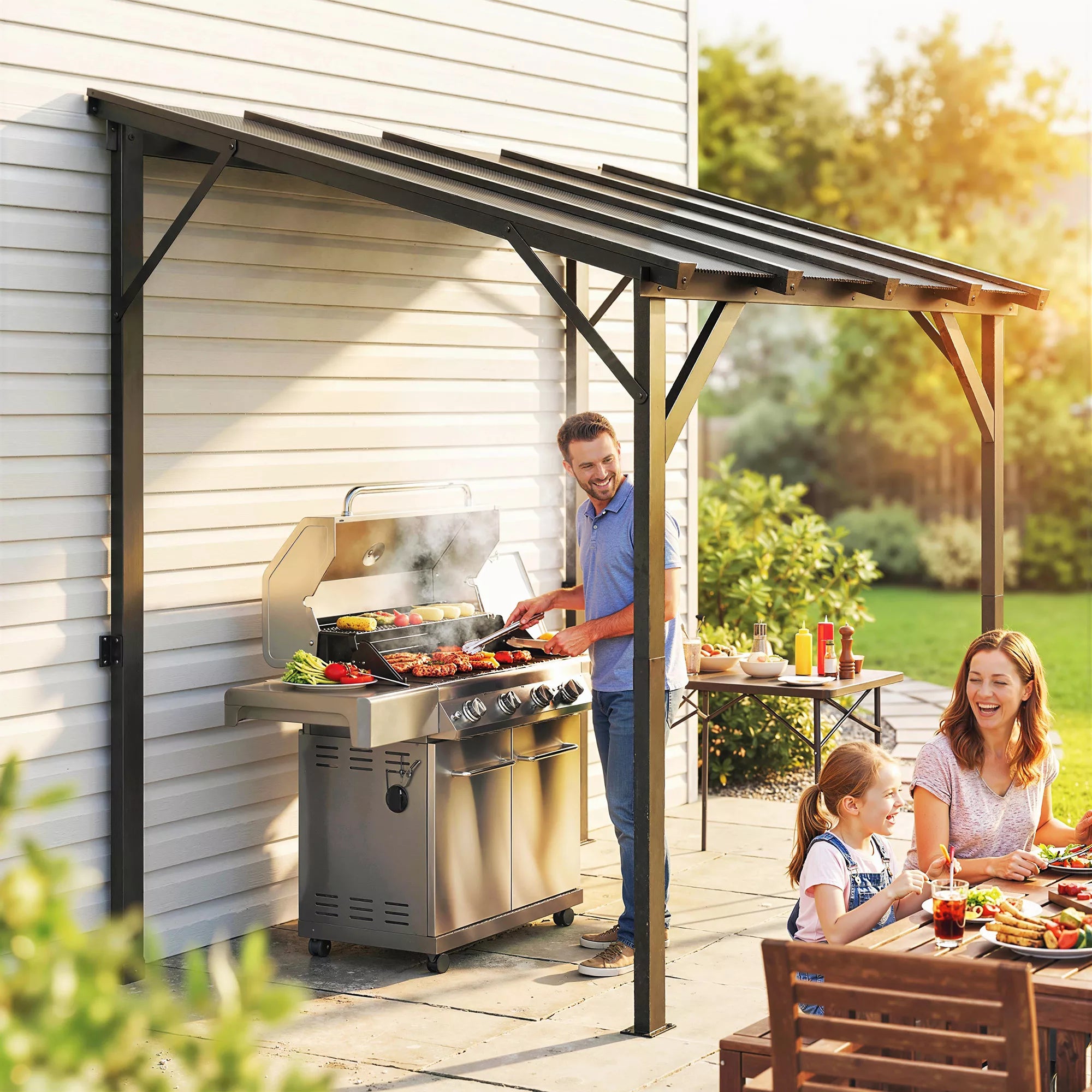 Grill paviljonas 2,44 x 1,48 m Sodo paviljonas su vienšlaičiu stogu, sodo pavėsinė su UV apsauga 50+ Tamsiai pilka