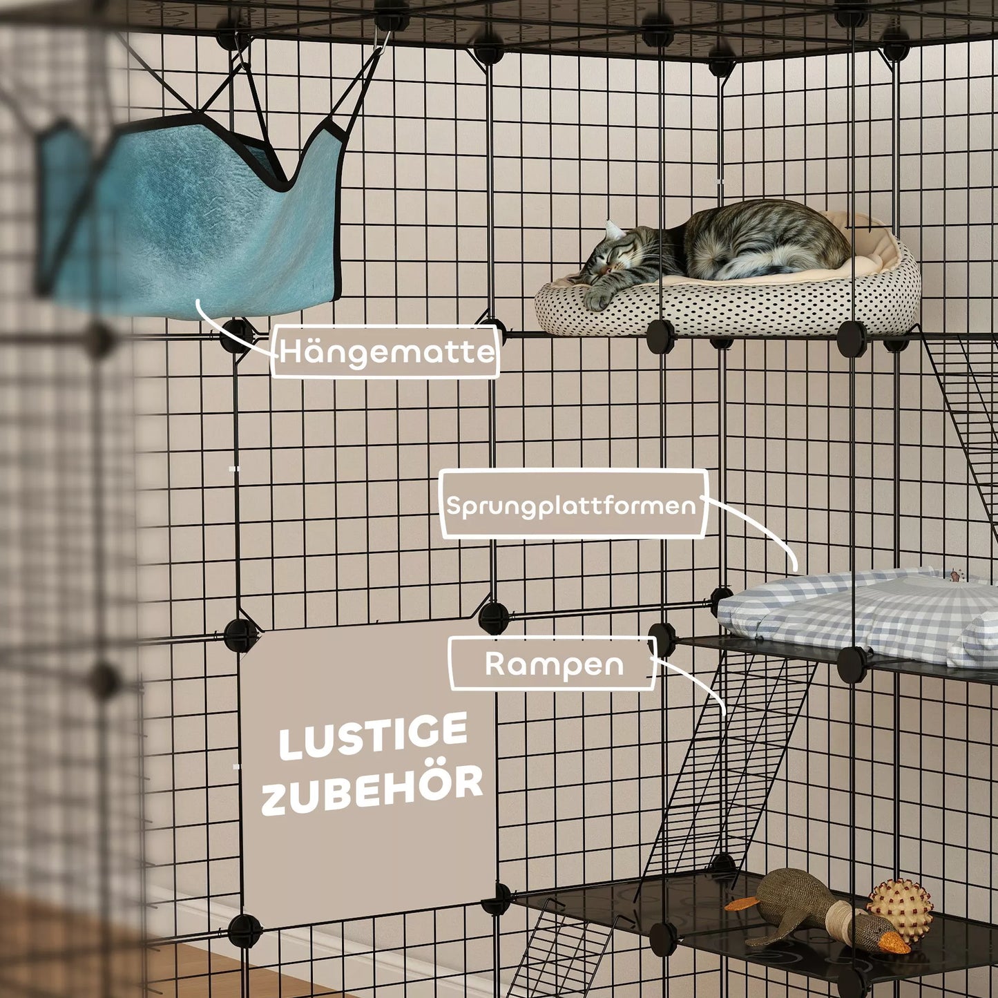 Katės narvas vidaus patalpoms, 4 aukštų, pasidaryk pats, su tankiu metaliniu tinklu, hamaku, rampa, durimis, šokimo platformomis